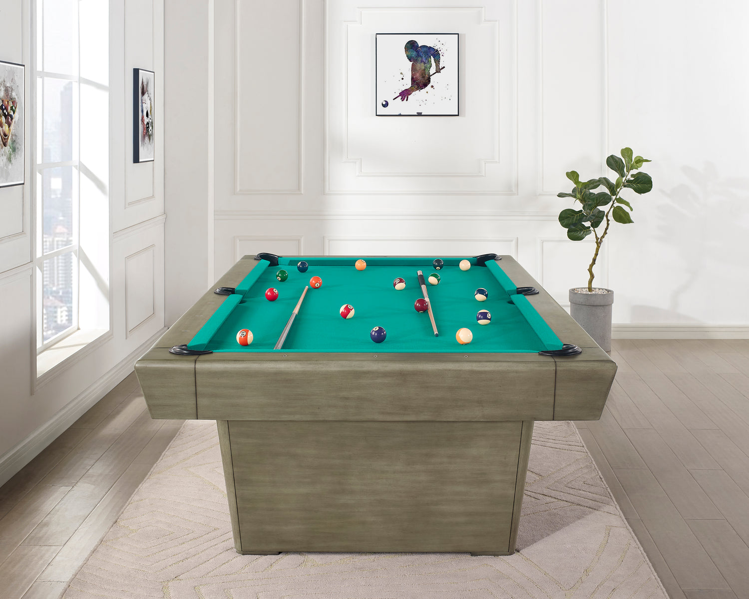 Legacy Billiards Conasauga 8 Ft Pool Table in Overcast Finish with Traditional Green Cloth - Room Scene - End View