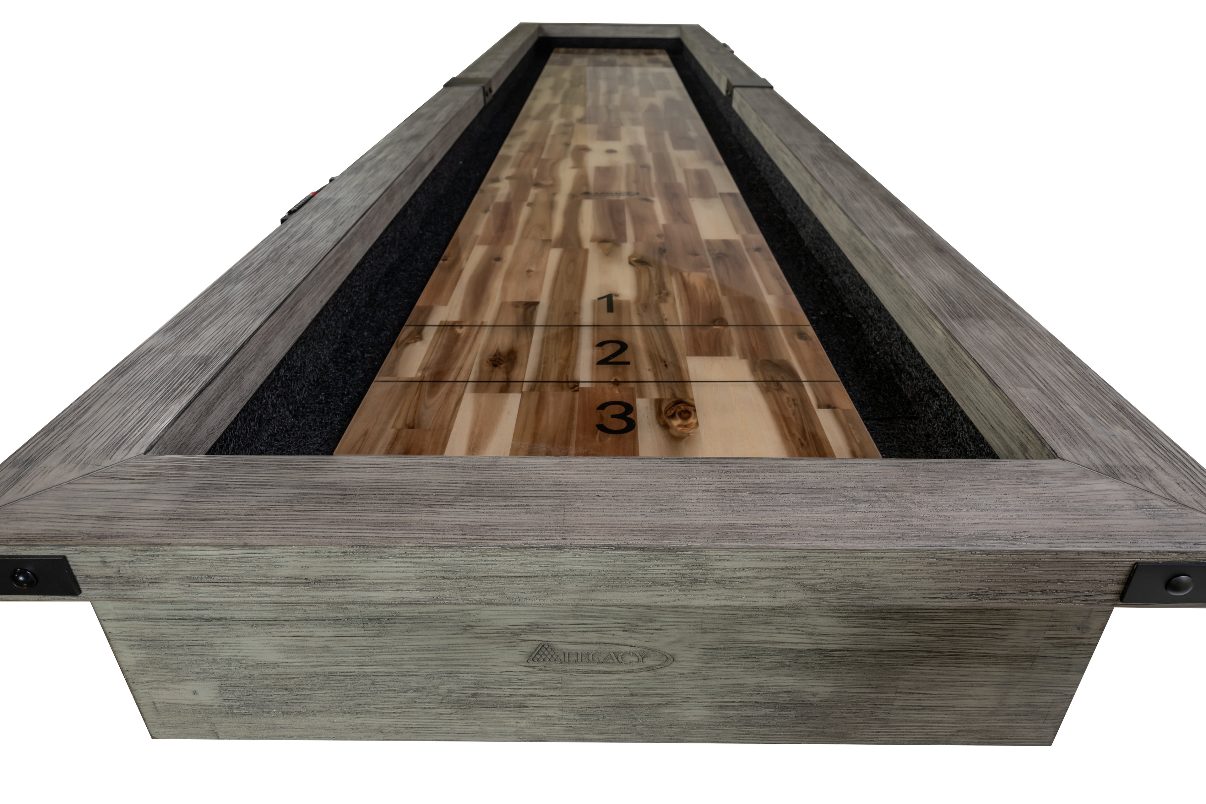 Legacy Billiards Cumberland 12 Ft Outdoor Shuffleboard in Ash Grey Finish End View Closeup