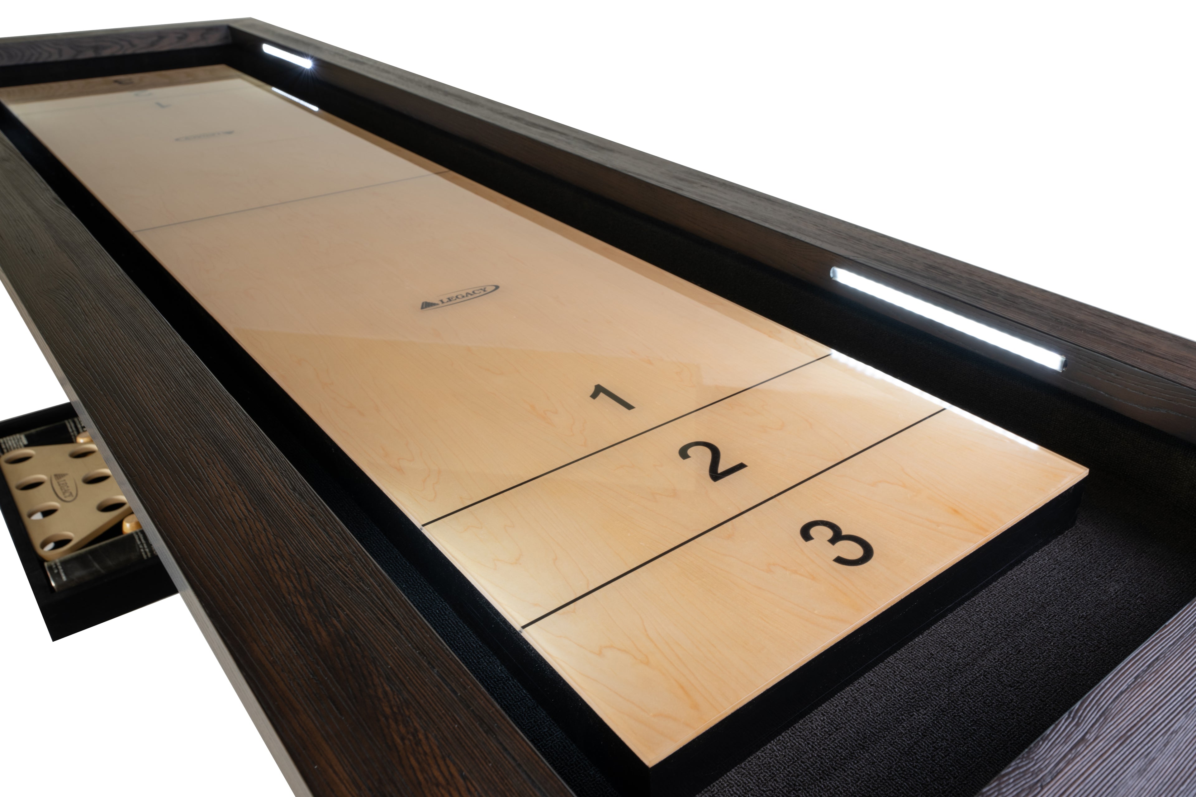 Legacy Billiards Cumberland 9 Ft Shuffleboard in Whiskey Barrel Finish Playfield Closeup