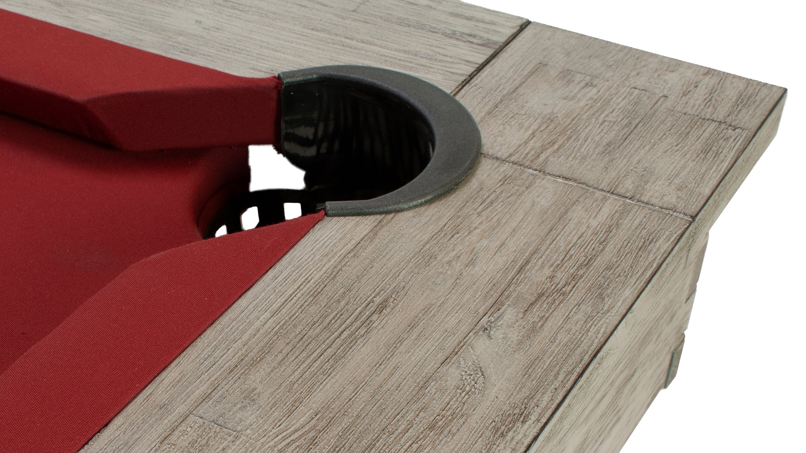 Legacy Billiards 7 Ft Cumberland Outdoor Pool Table in Ash Grey Finish with Jockey Red Outdoor Cloth - Pocket and Rail Closeup