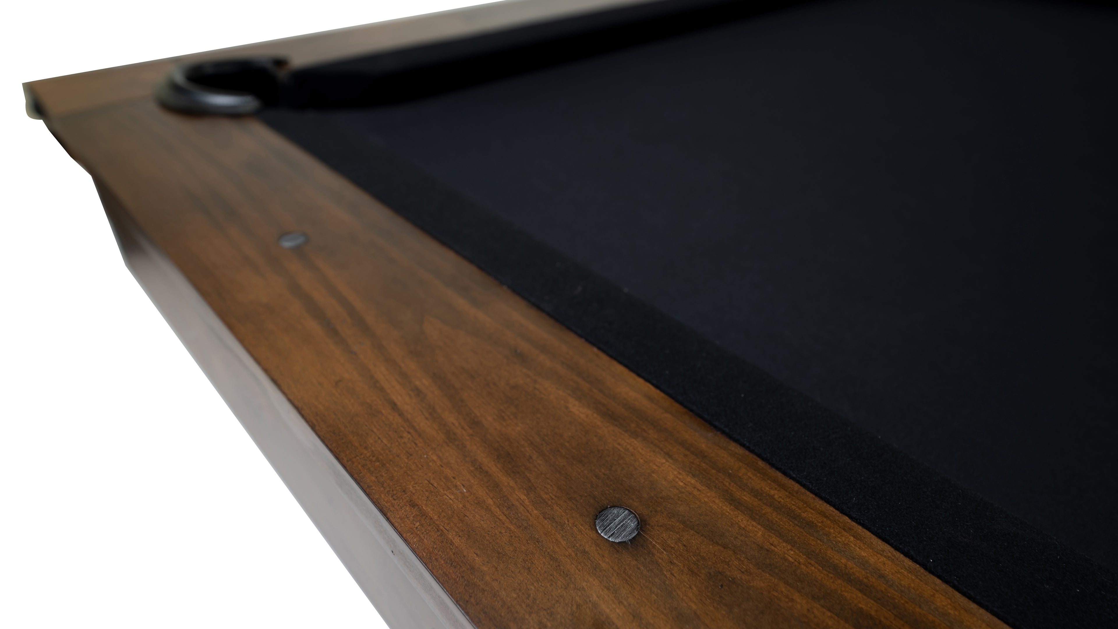 Legacy Billiards 7 Ft Cumberland Pool Table in Gunshot Finish with Black Cloth - Rail and Site Closeup