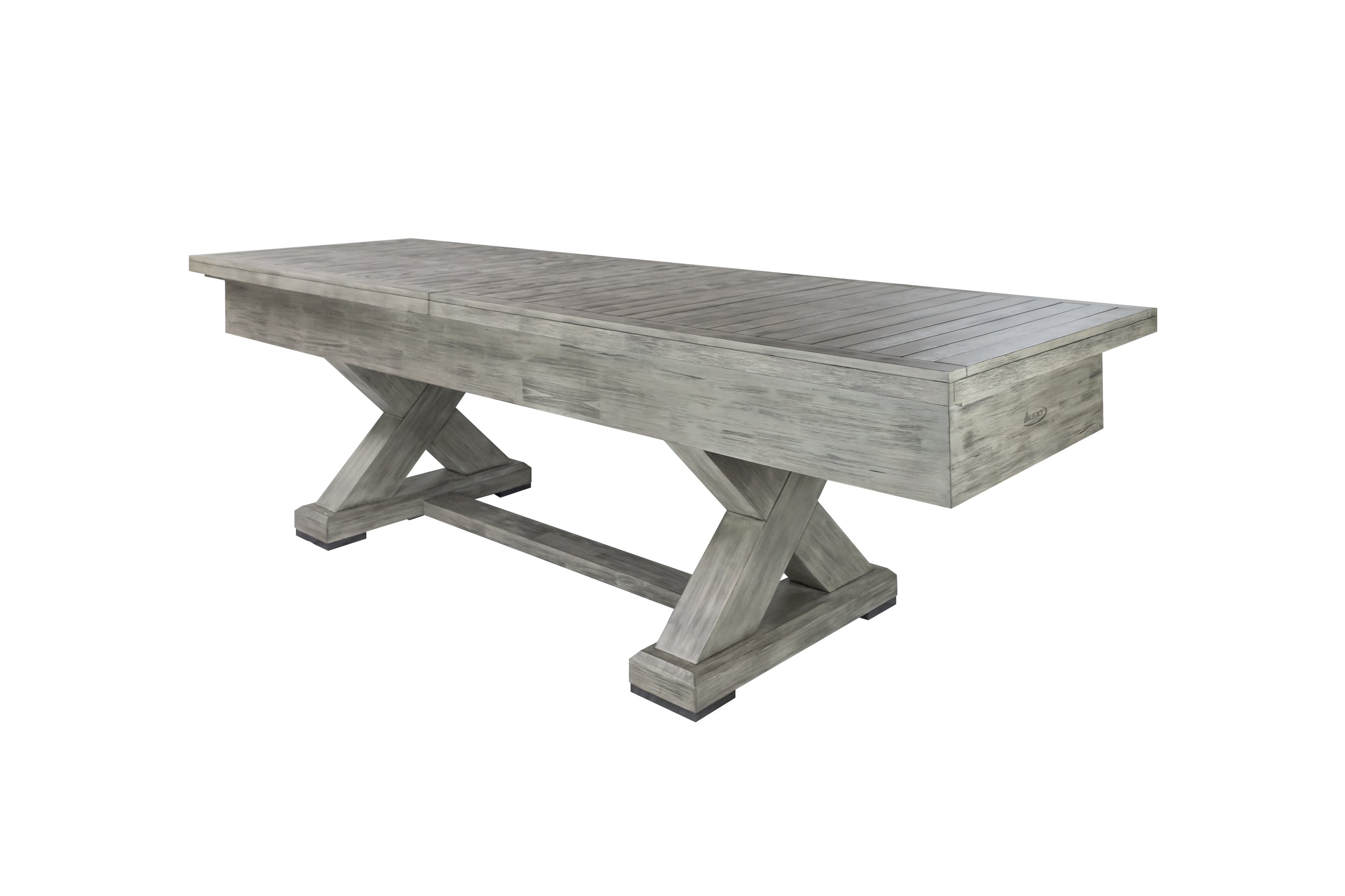 Legacy Billiards 9 Foot Shuffleboard Outdoor Dining Top in Ash Grey Finish with Table
