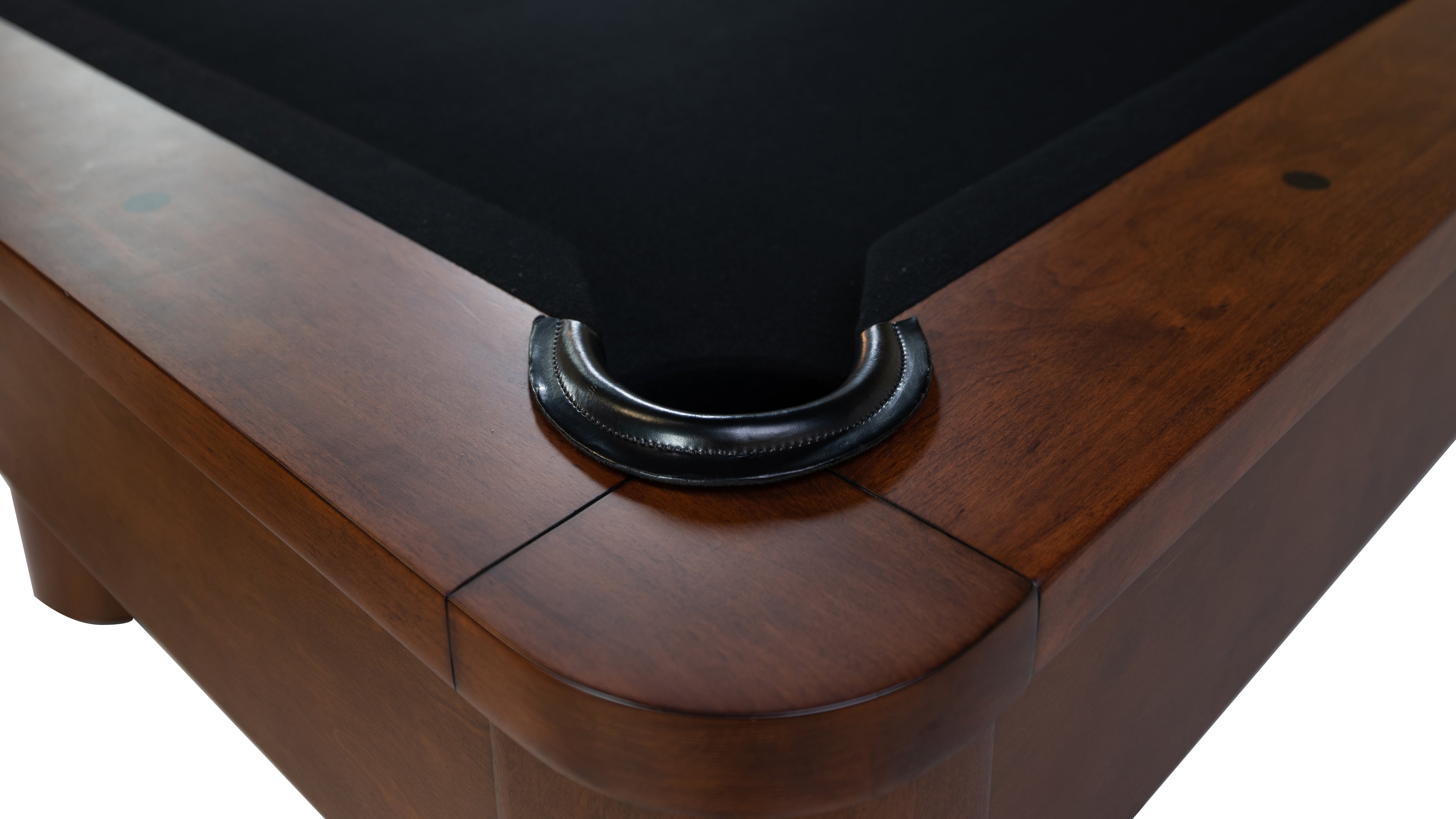 Legacy Billiards Dillard Pool Table in Nutmeg Finish with Black Cloth Corner Closeup