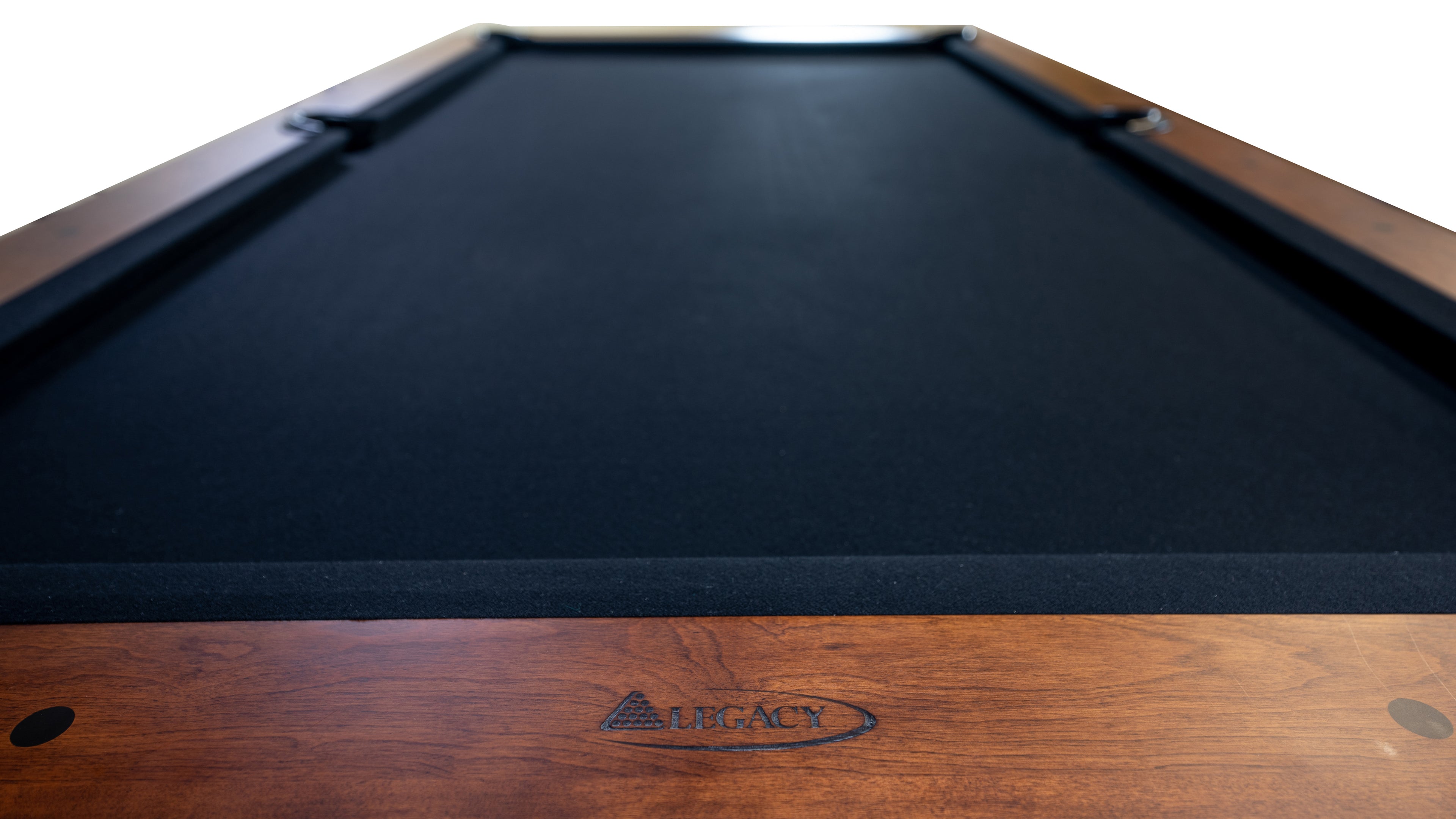 Legacy Billiards Dillard Pool Table in Nutmeg Finish with Black Cloth End View with Logo Closeup