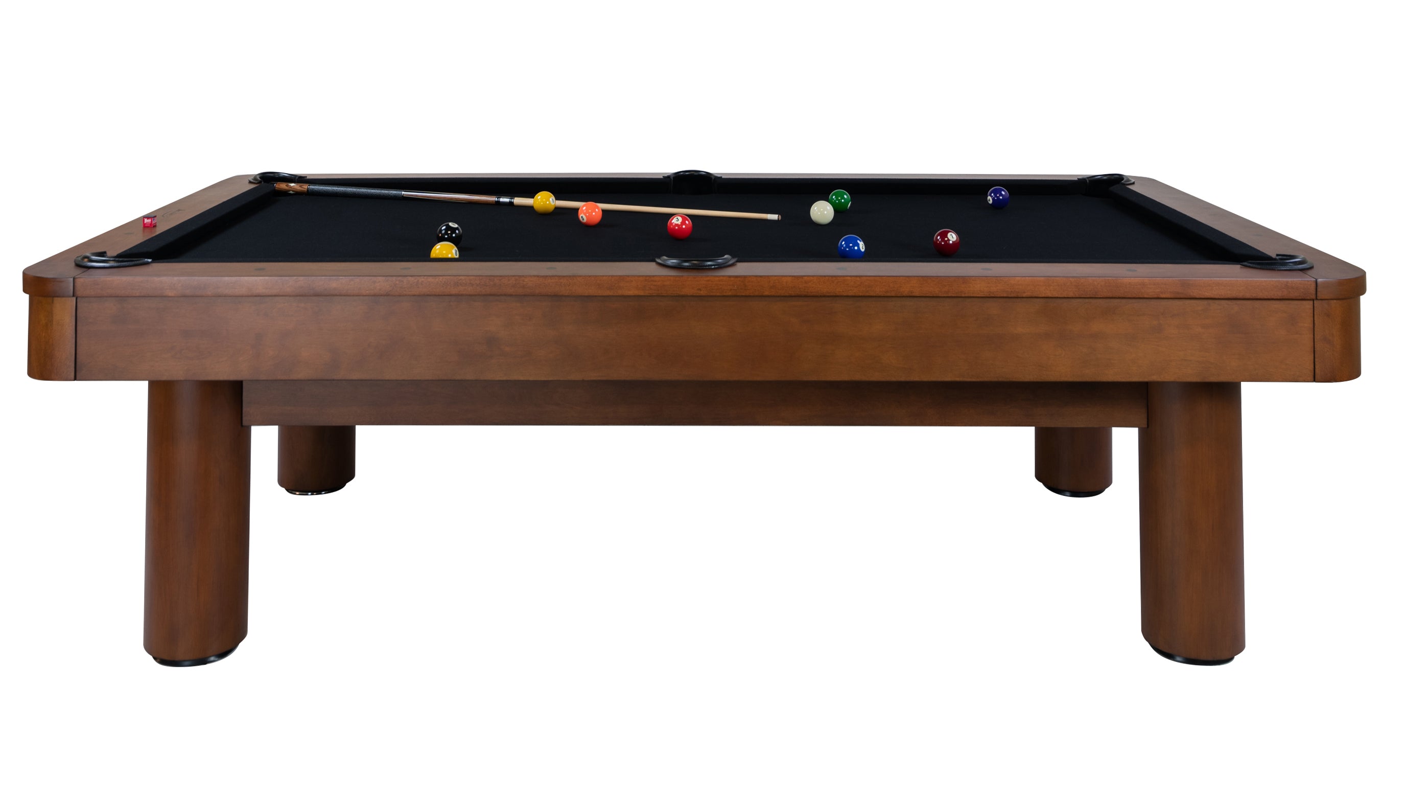 Legacy Billiards Dillard Pool Table in Nutmeg Finish with Black Cloth Side View with Pool Balls and Cue