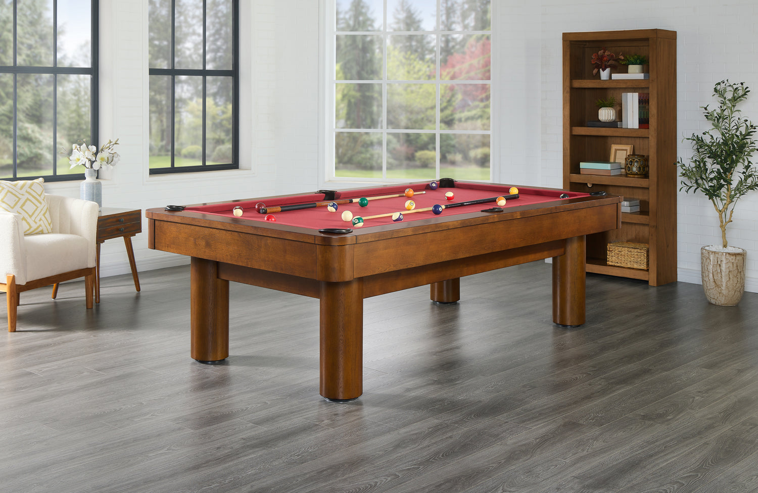 Legacy Billiards Dillard 7 Ft Pool Table in Walnut Finish with Red Cloth - Room Scene - Angle View