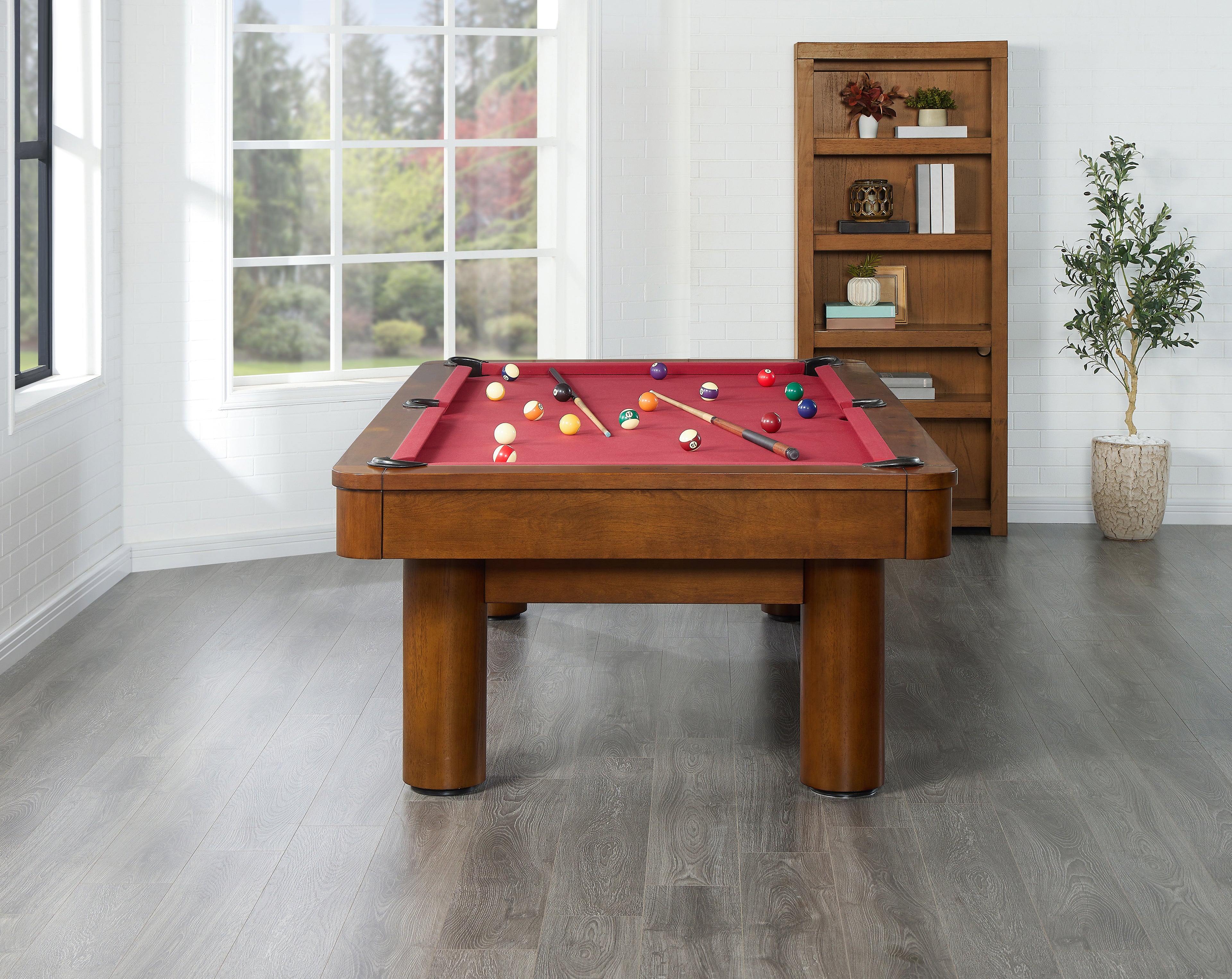 Legacy Billiards Dillard 7 Ft Pool Table in Walnut Finish with Red Cloth - Room Scene - End View