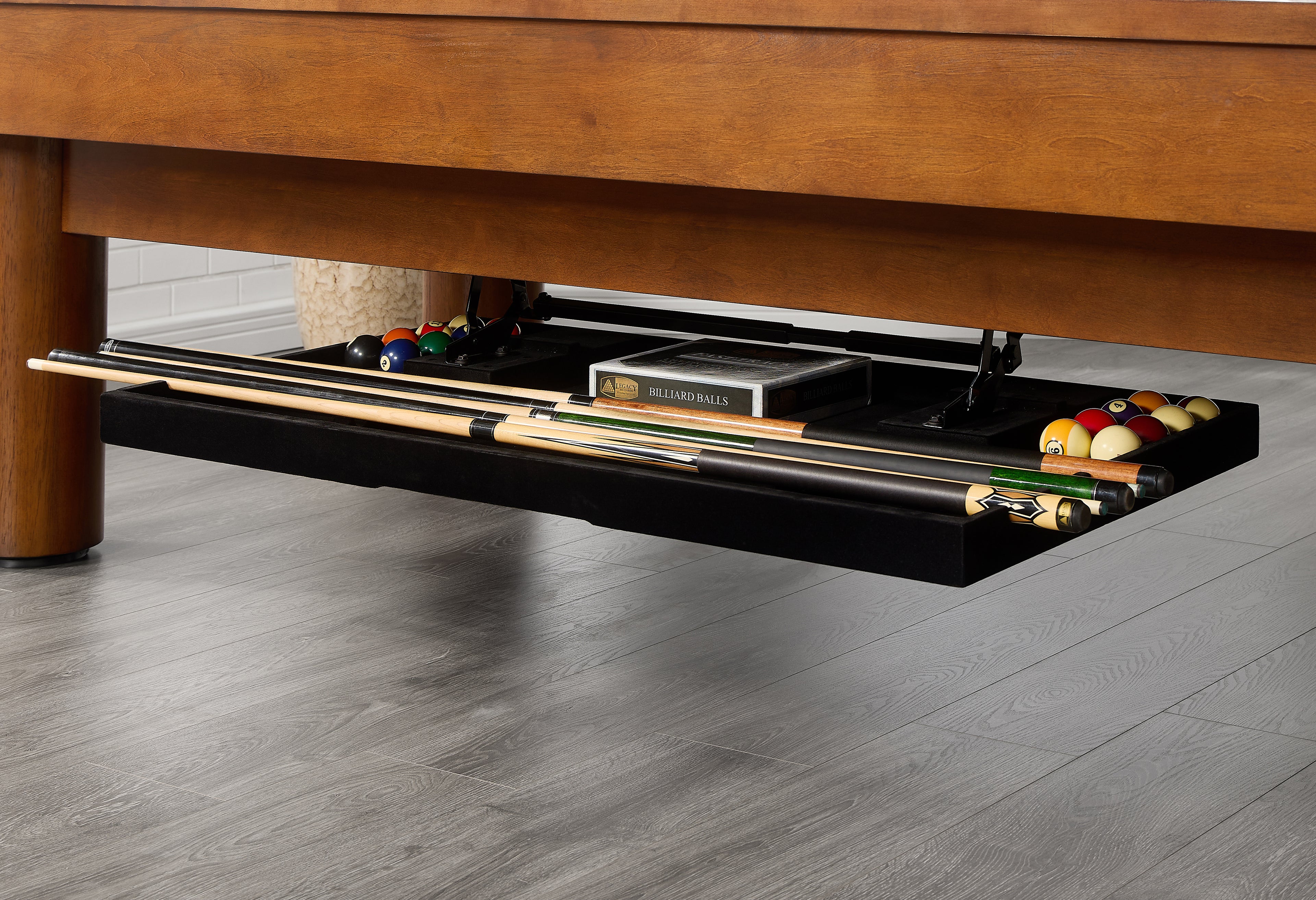 Legacy Billiards Dillard 7 Ft Pool Table in Walnut Finish - Room Scene - Perfect Drawer