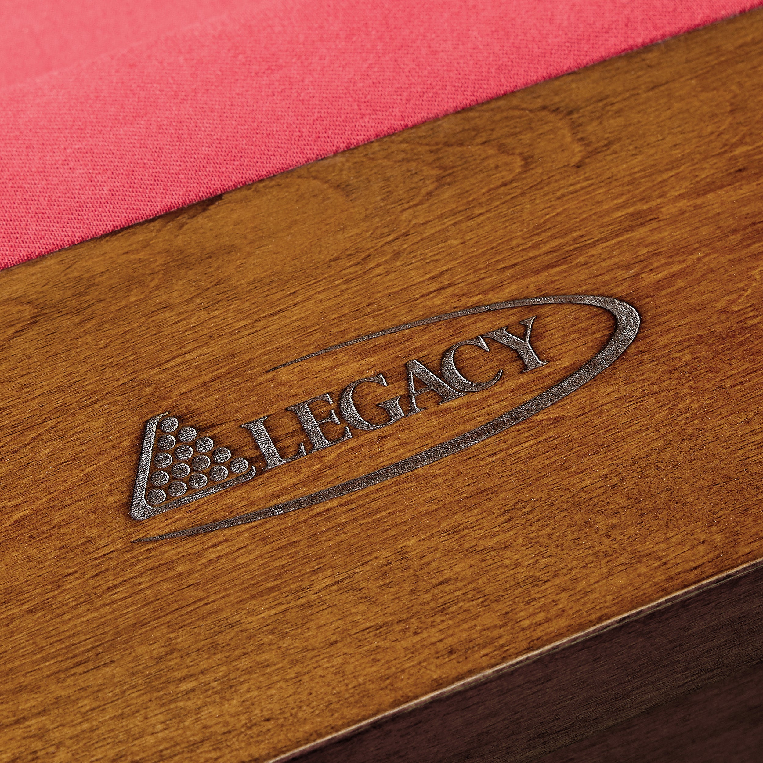 Legacy Billiards Dillard 7 Ft Pool Table in Walnut Finish with Red Cloth - Room Scene - Rail Logo Closeup