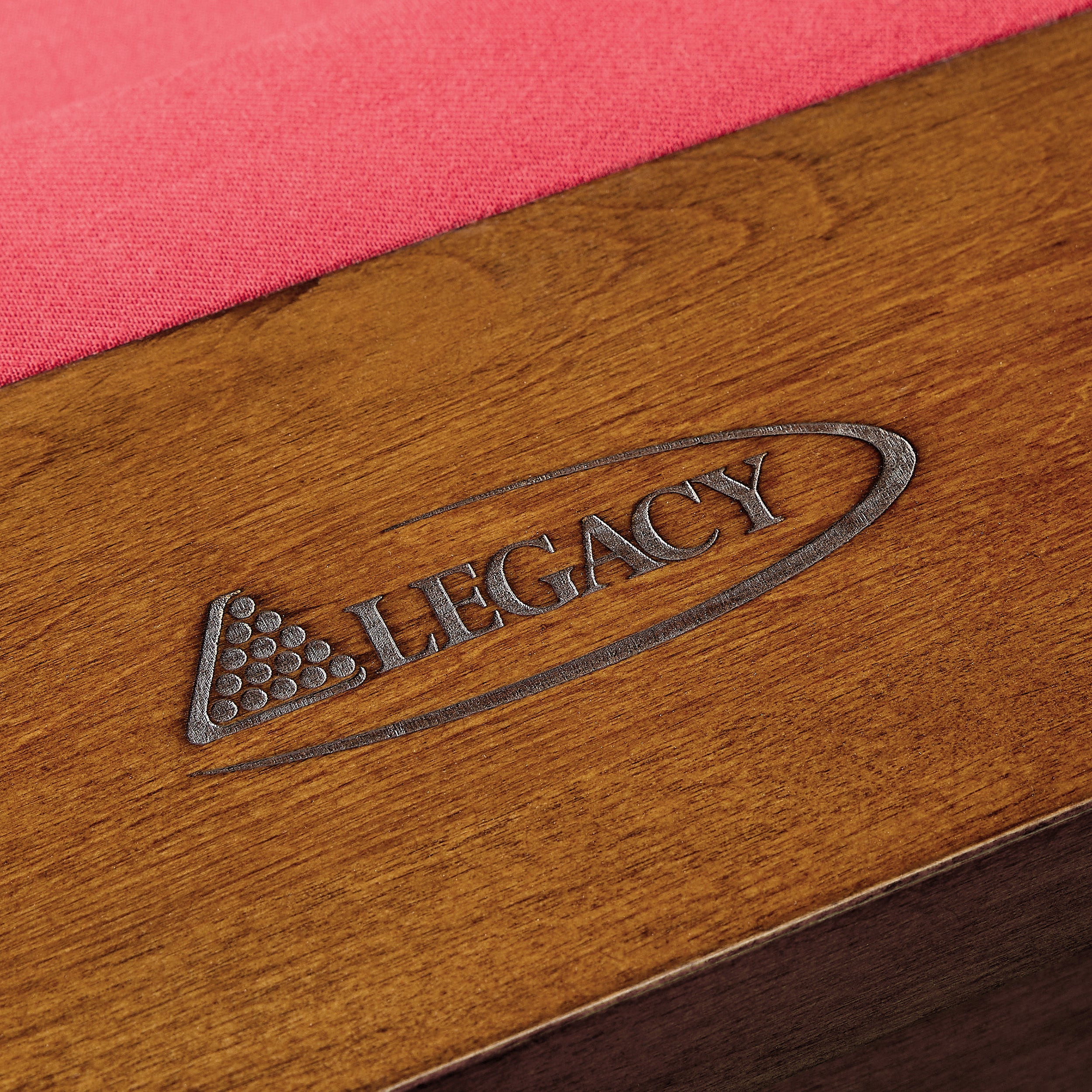 Legacy Billiards Dillard 7 Ft Pool Table in Walnut Finish with Red Cloth - Room Scene - Rail Logo Closeup