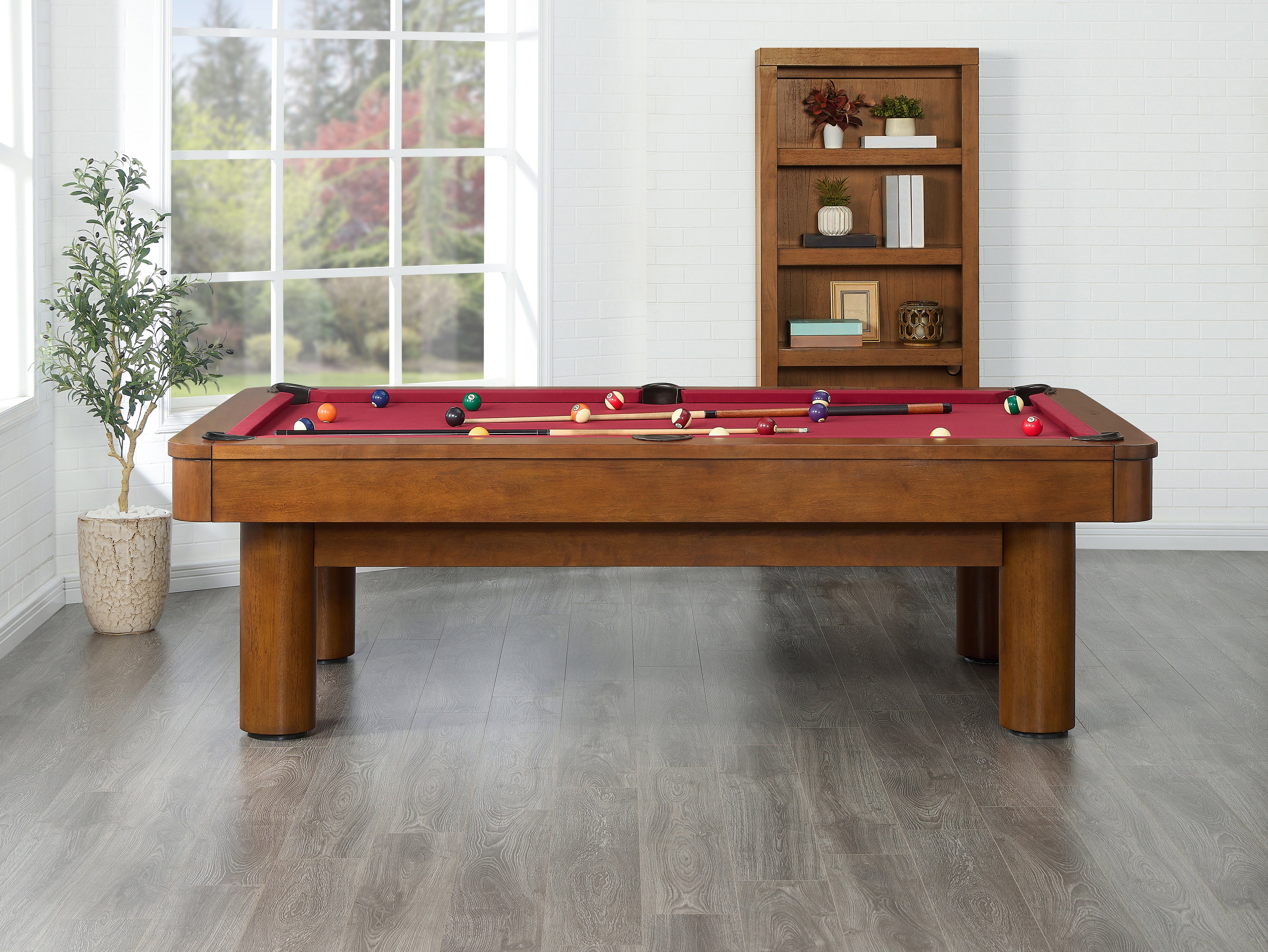 Legacy Billiards Dillard 7 Ft Pool Table in Walnut Finish with Red Cloth - Room Scene - Side View