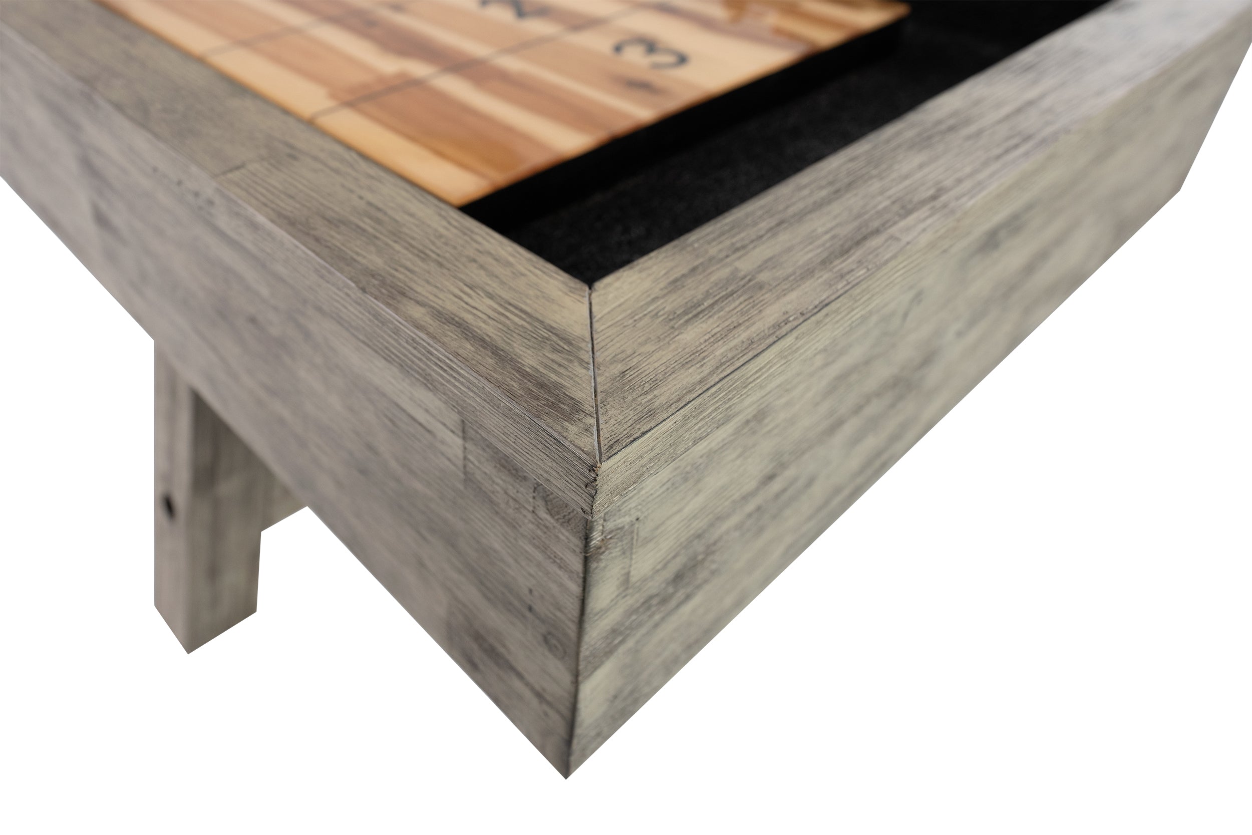 Legacy Billiards Emory 12 Ft Outdoor Shuffleboard in Ash Grey Finish - Corner Closeup