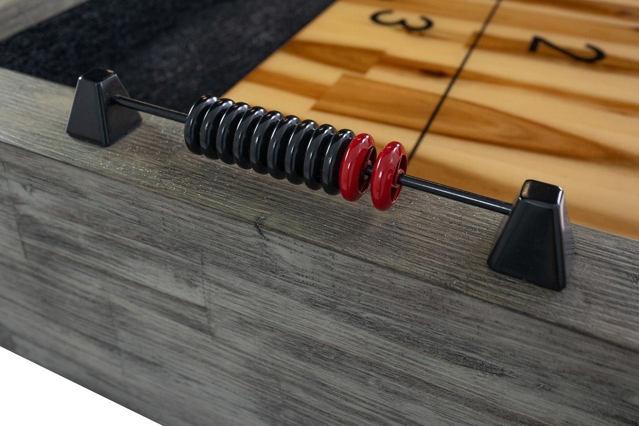 Legacy Billiards Emory 12 Ft Outdoor Shuffleboard in Ash Grey Finish - Abacus Scorer Closeup