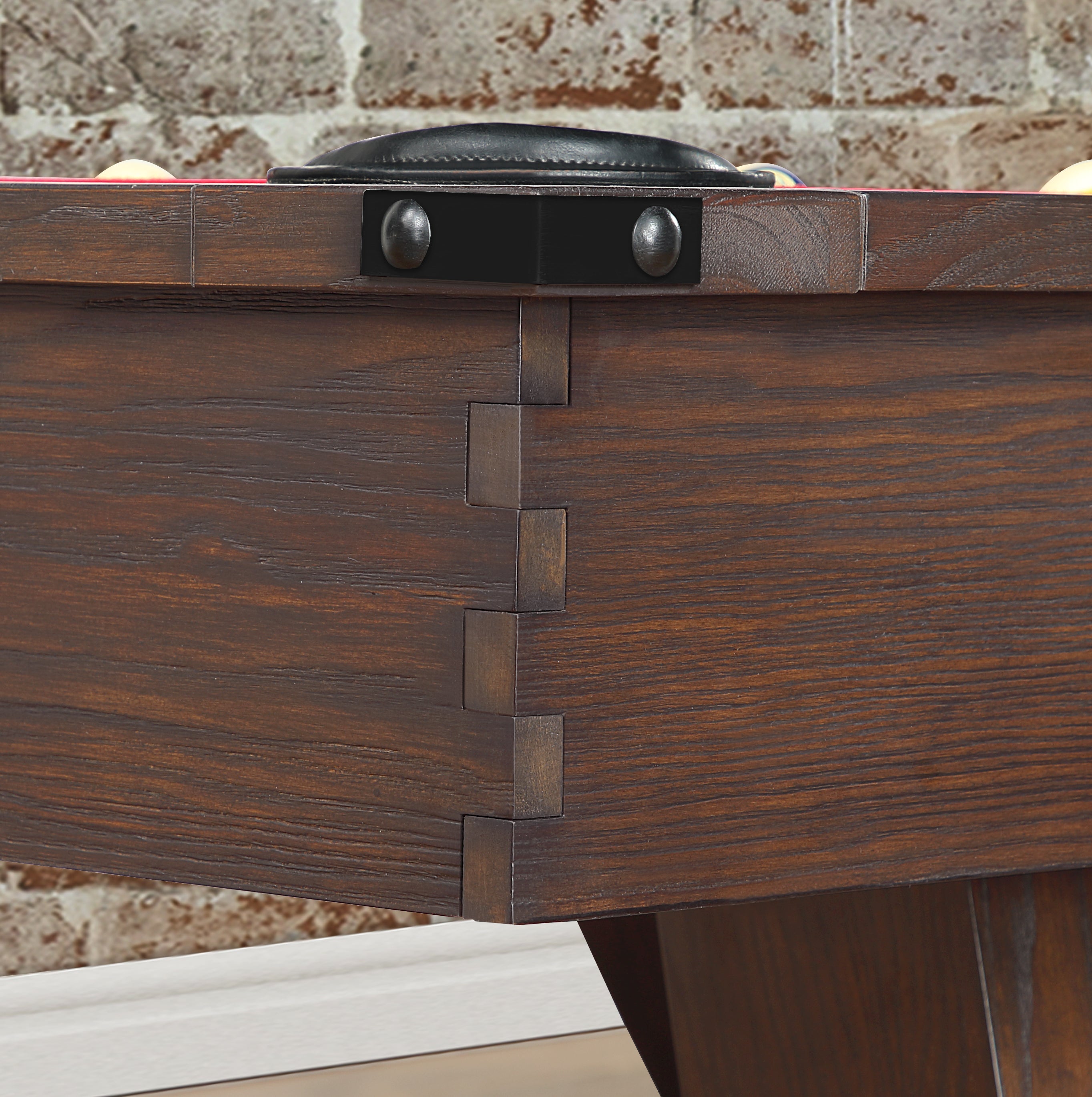 Legacy Billiards Emory Pool Table in Whiskey Barrel Finish Room Scene - Corner Closeup