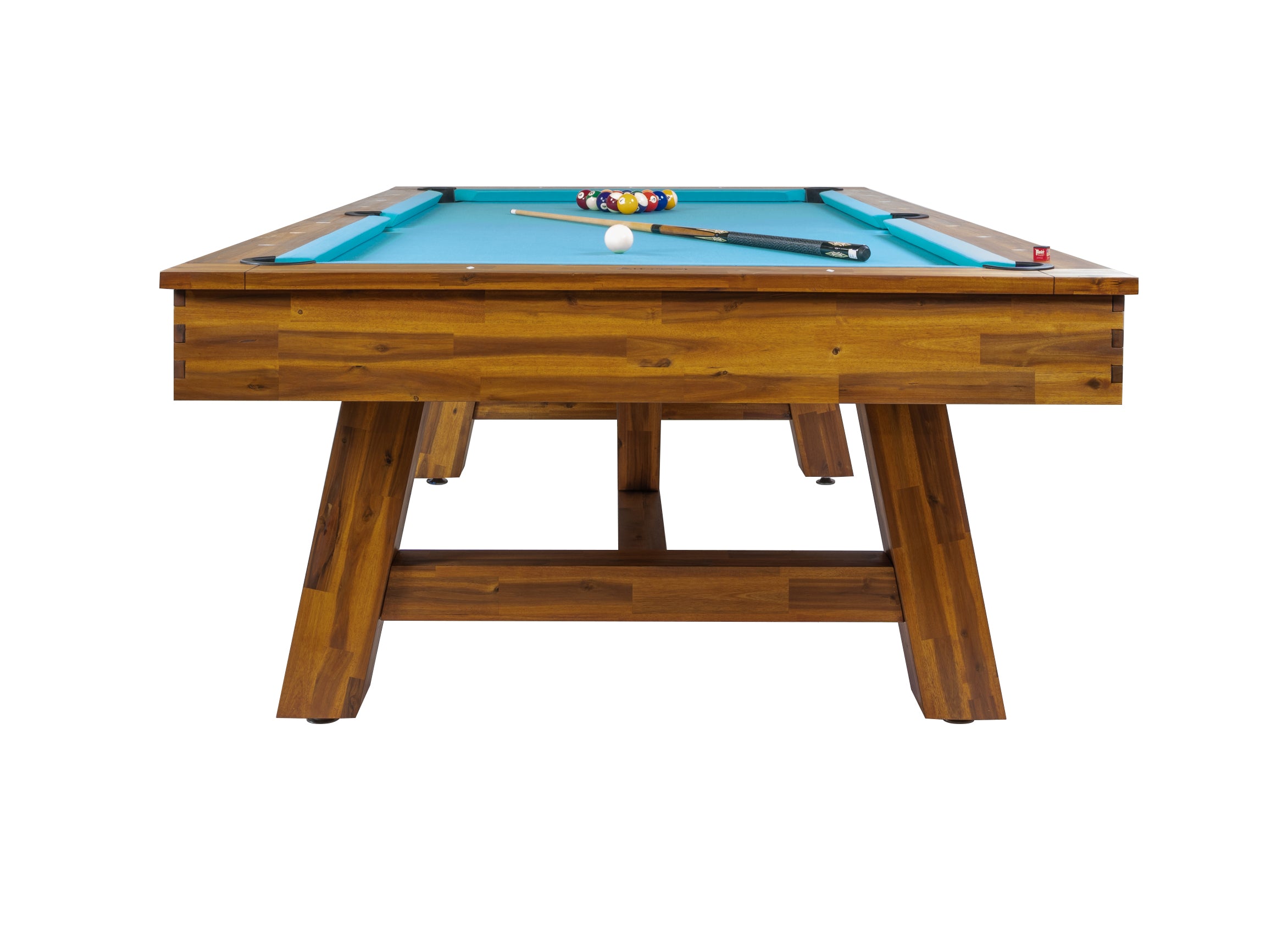 Legacy Billiards Emory 8 Ft Outdoor Pool Table in Natural Acacia Finish with Pool Aqua Cloth End View with Racked Pool Balls and Cue