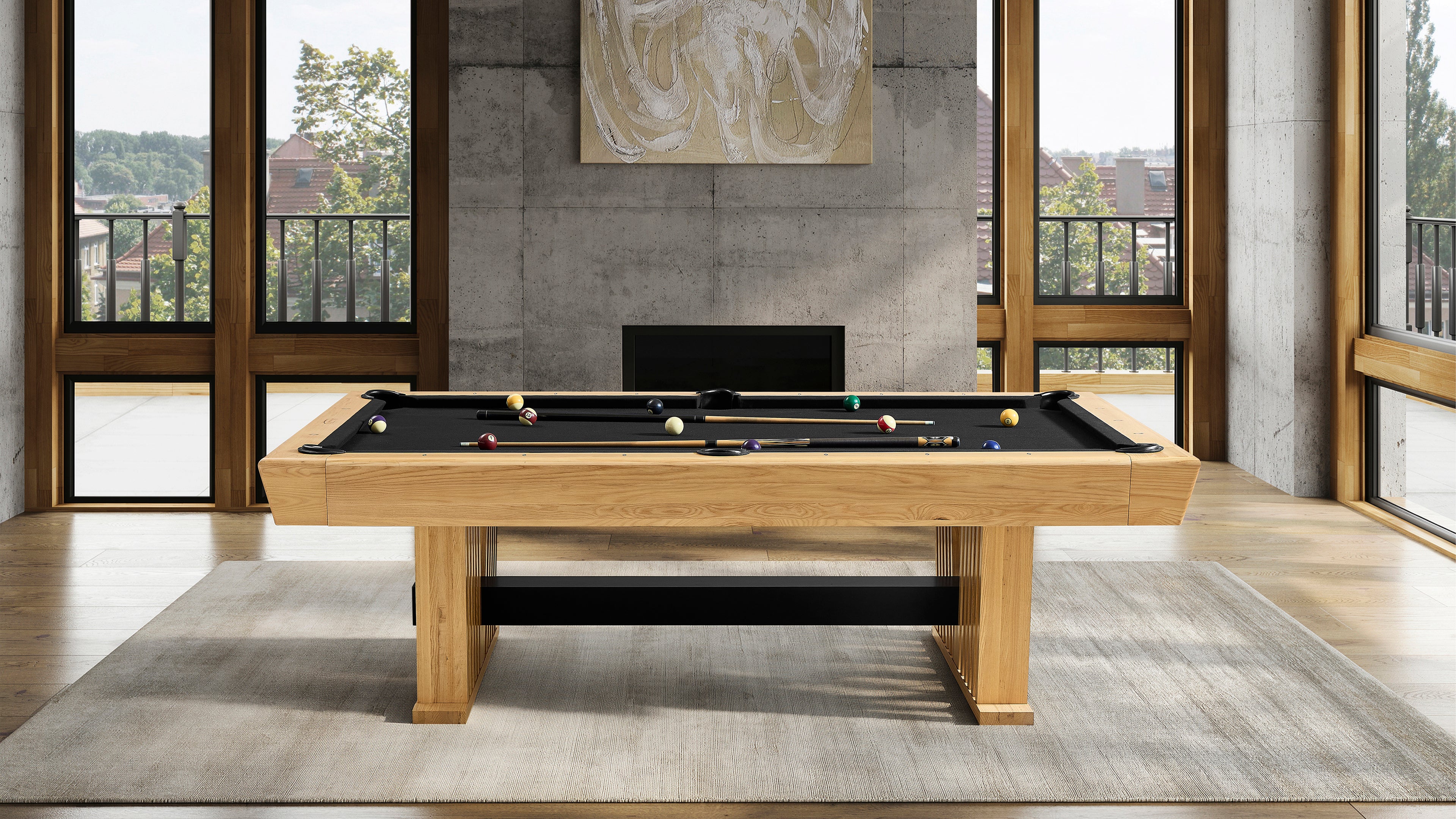 Legacy Billiards Forge Pool Table in Honey Ash Finish with Black Cloth - Room Shot - Side View