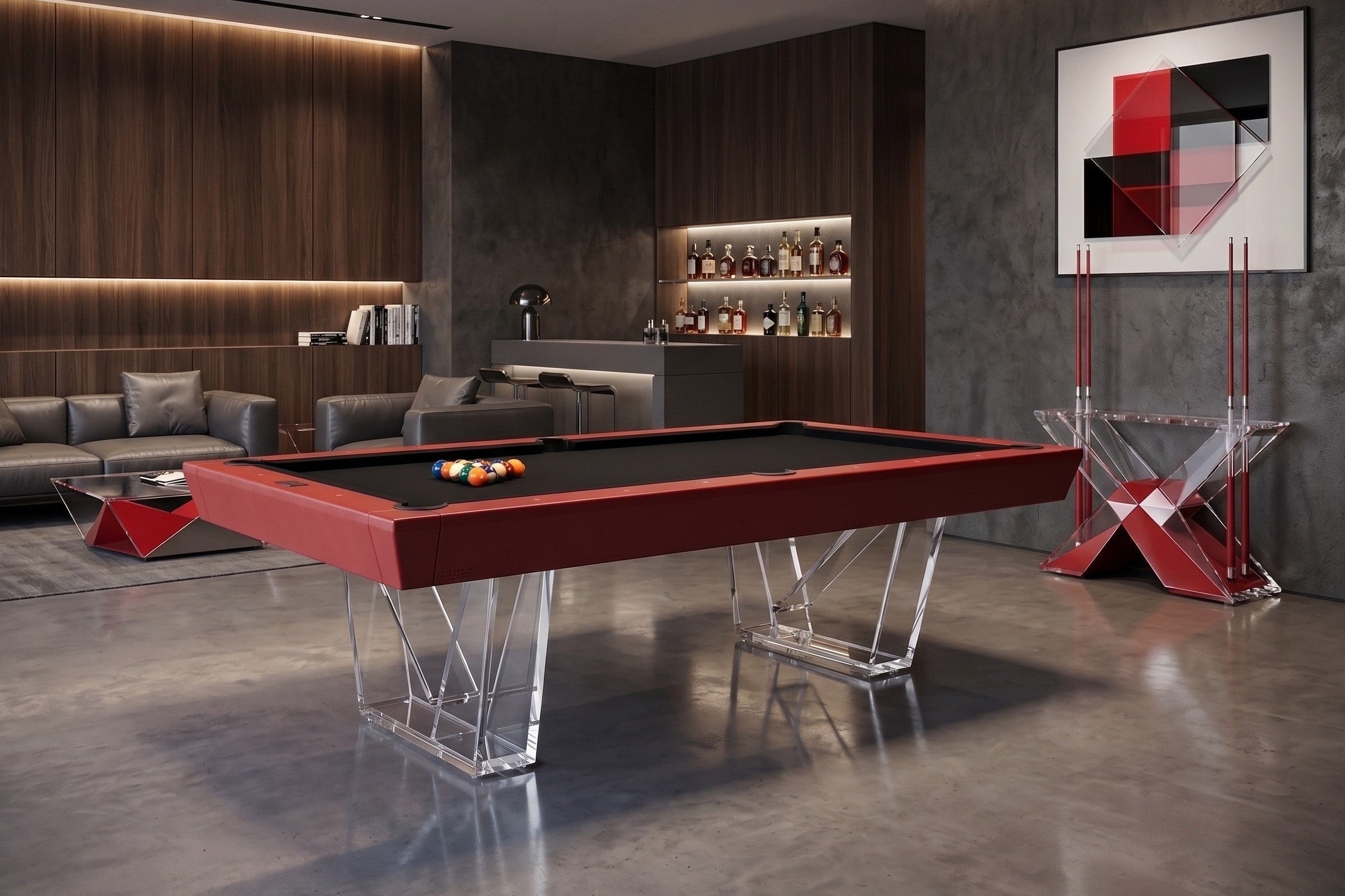 A modern red pool table with clear geometric acrylic legs in a luxury contemporary lounge room.