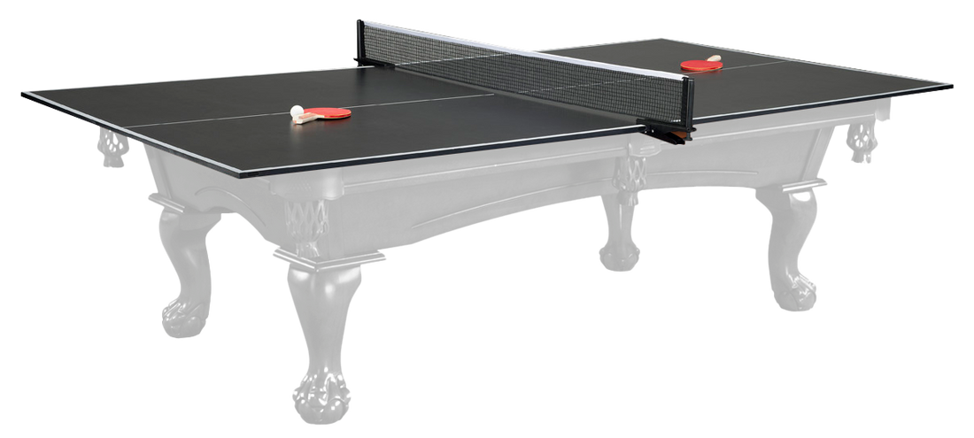 Legacy Billiards Table Tennis Conversion Top Shown on Top of a muted out pool table