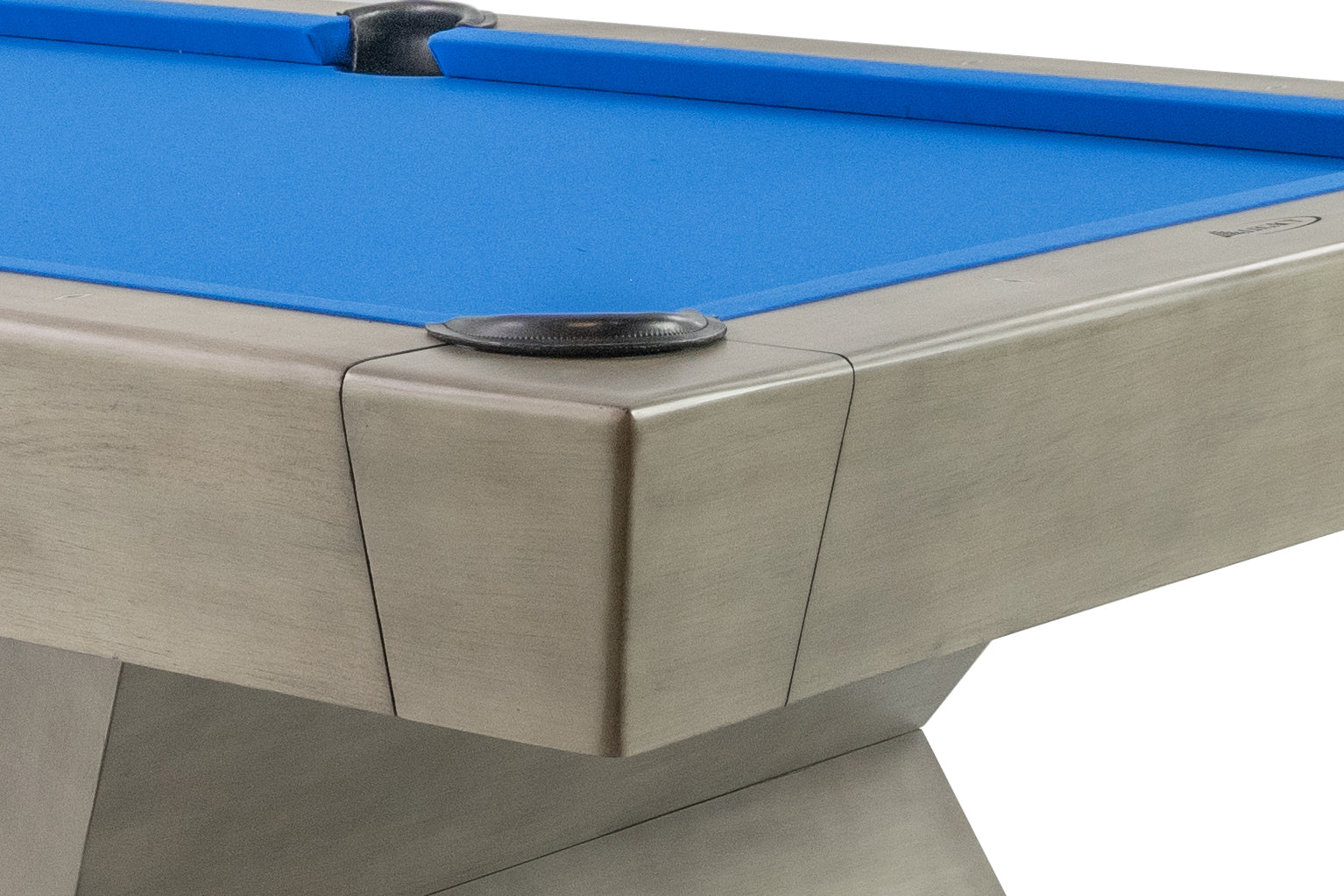 Legacy Billiards Holston Pool Table in Overcast Finish with Blue Cloth - Corner Closeup