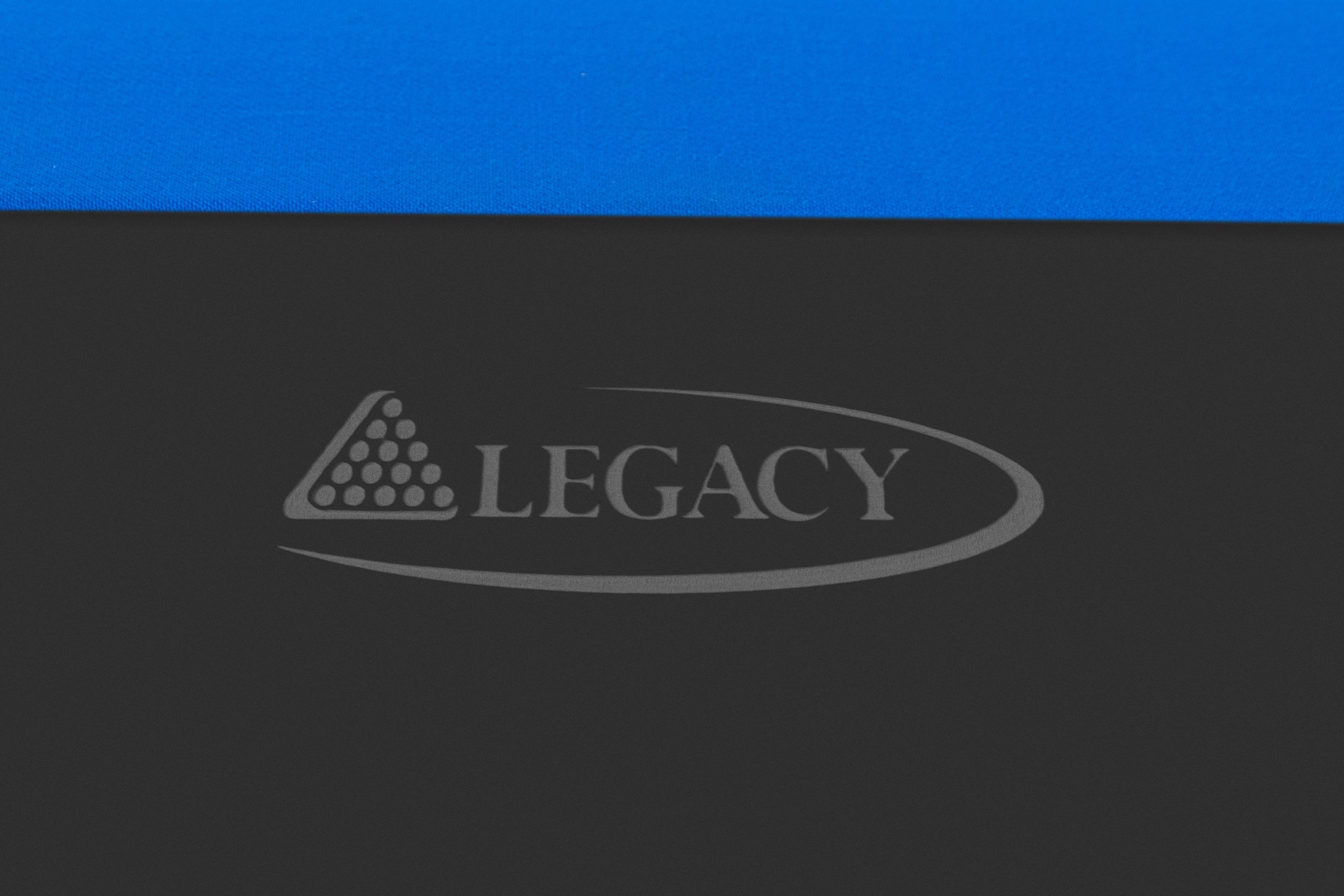 Legacy Billiards Holston Pool Table in Raven Finish with Blue Cloth - Logo Closeup
