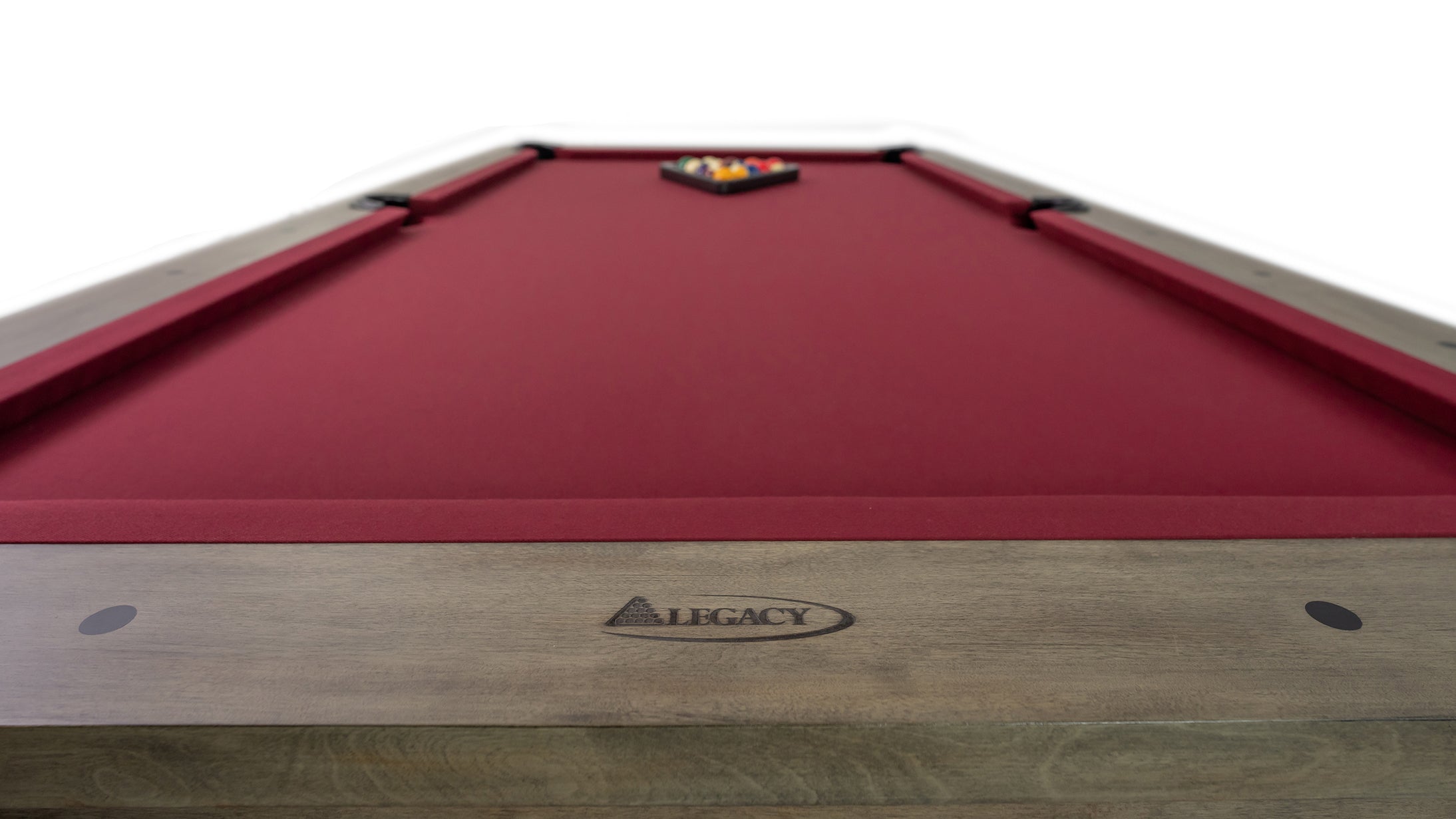 Legacy Billiards Percy Pool Table in Overcast Finish with Wine Cloth - End Closeup