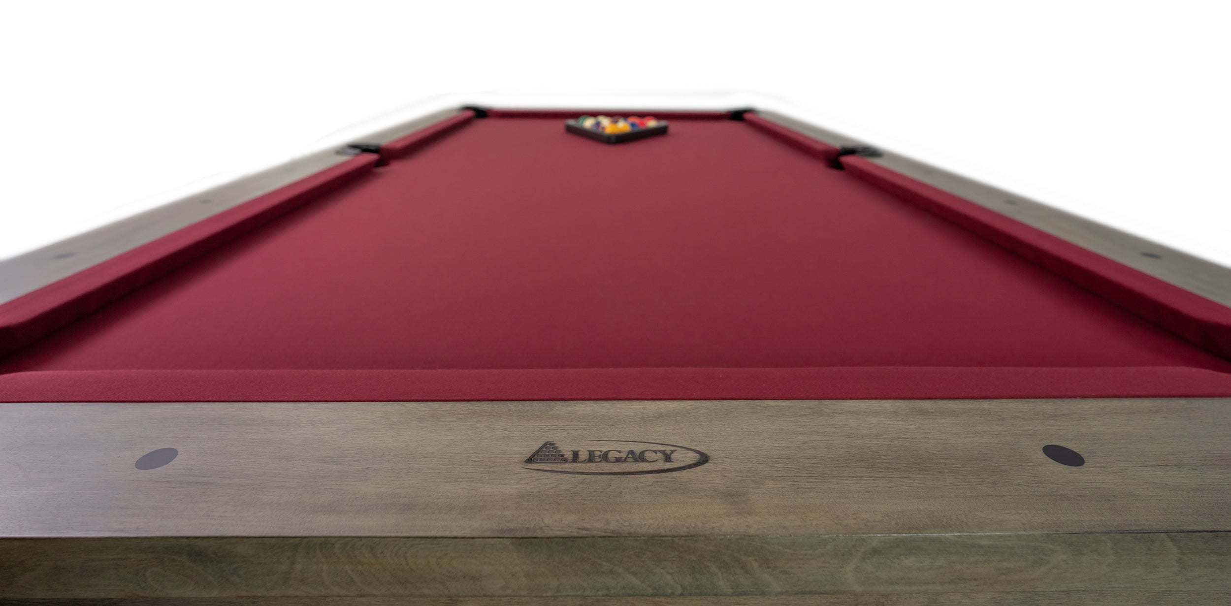 Legacy Billiards Percy Pool Table in Overcast Finish with Wine Cloth - End Closeup
