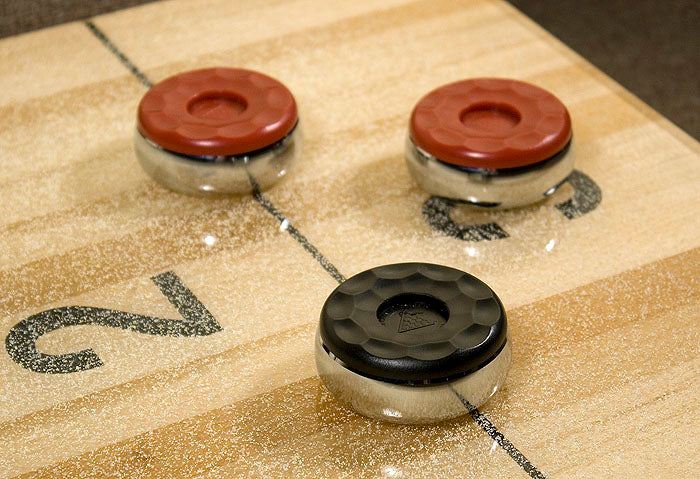 Legacy Billiards Sterling 14 Ft Shuffleboard Pucks Closeup