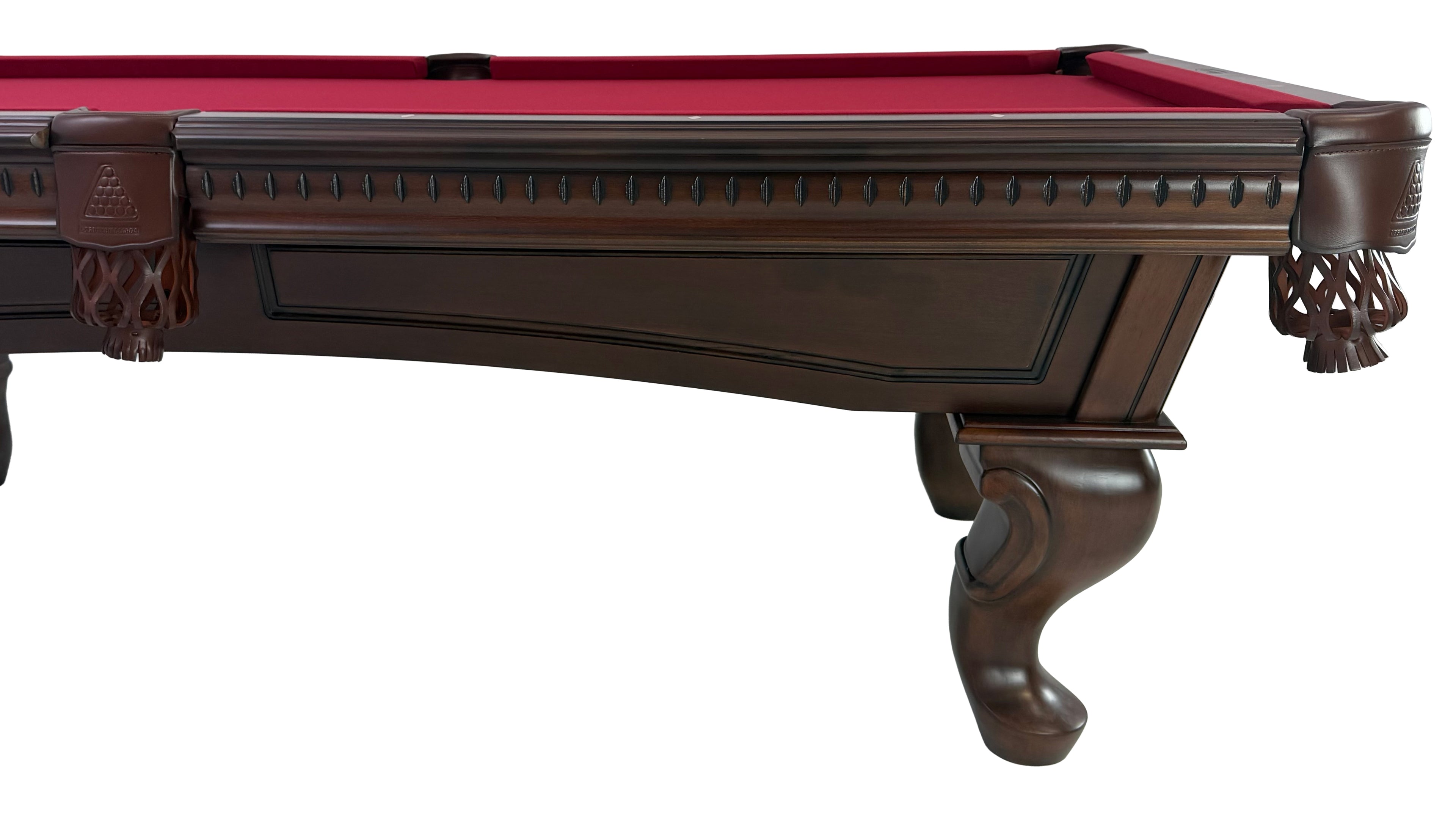 Legacy Billiards Sophie Pool Table in Nutmeg Finish with Burgundy Cloth - Side View Closeup