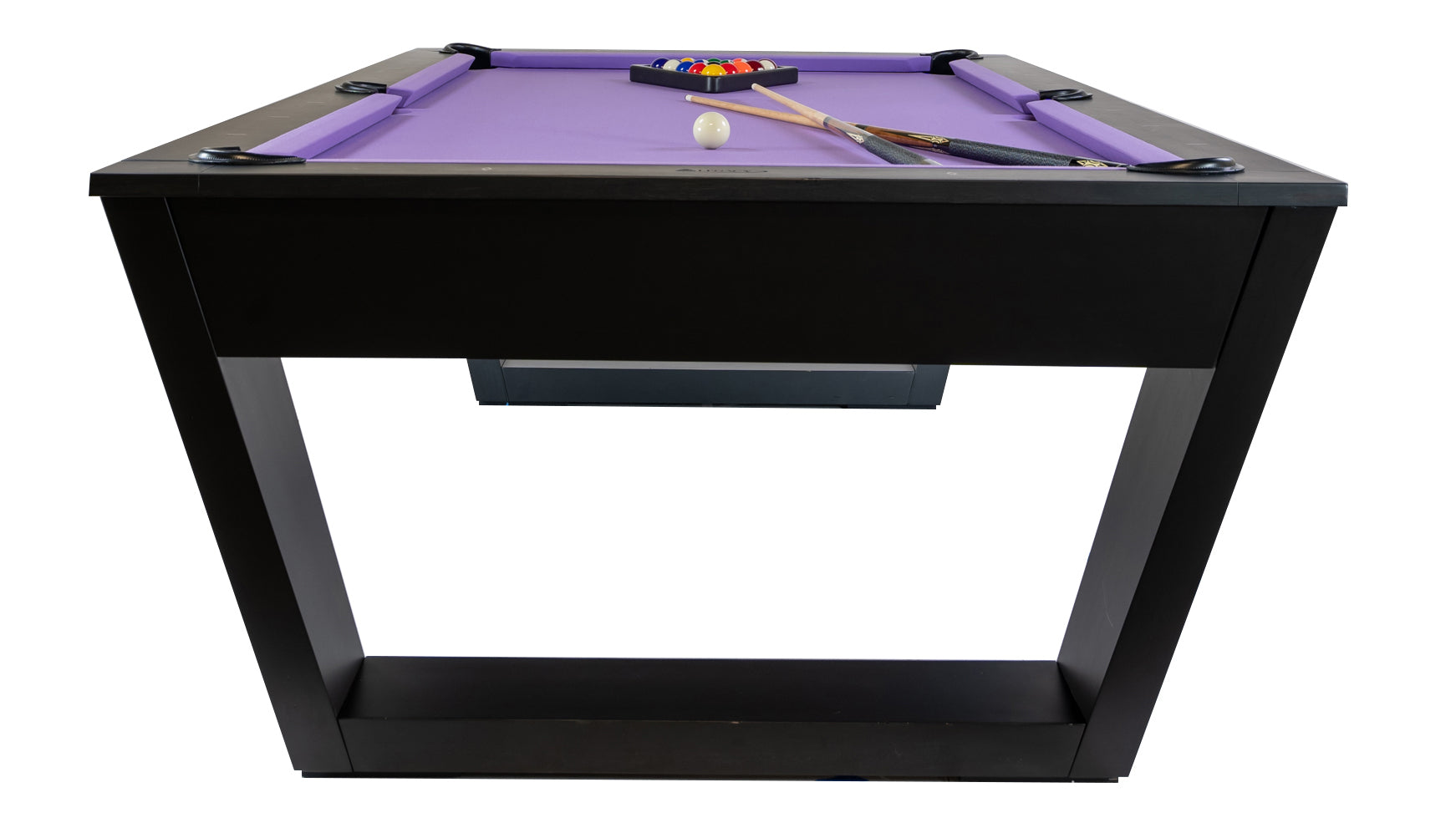 Legacy Billiards Tellico 8 Ft Pool Table in Raven Finish End View with Racked Pool Balls and Cues