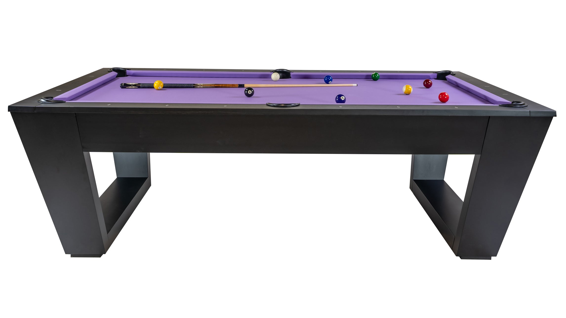 Legacy Billiards Tellico 8 Ft Pool Table in Raven Finish Side View with Pool Balls and Cue