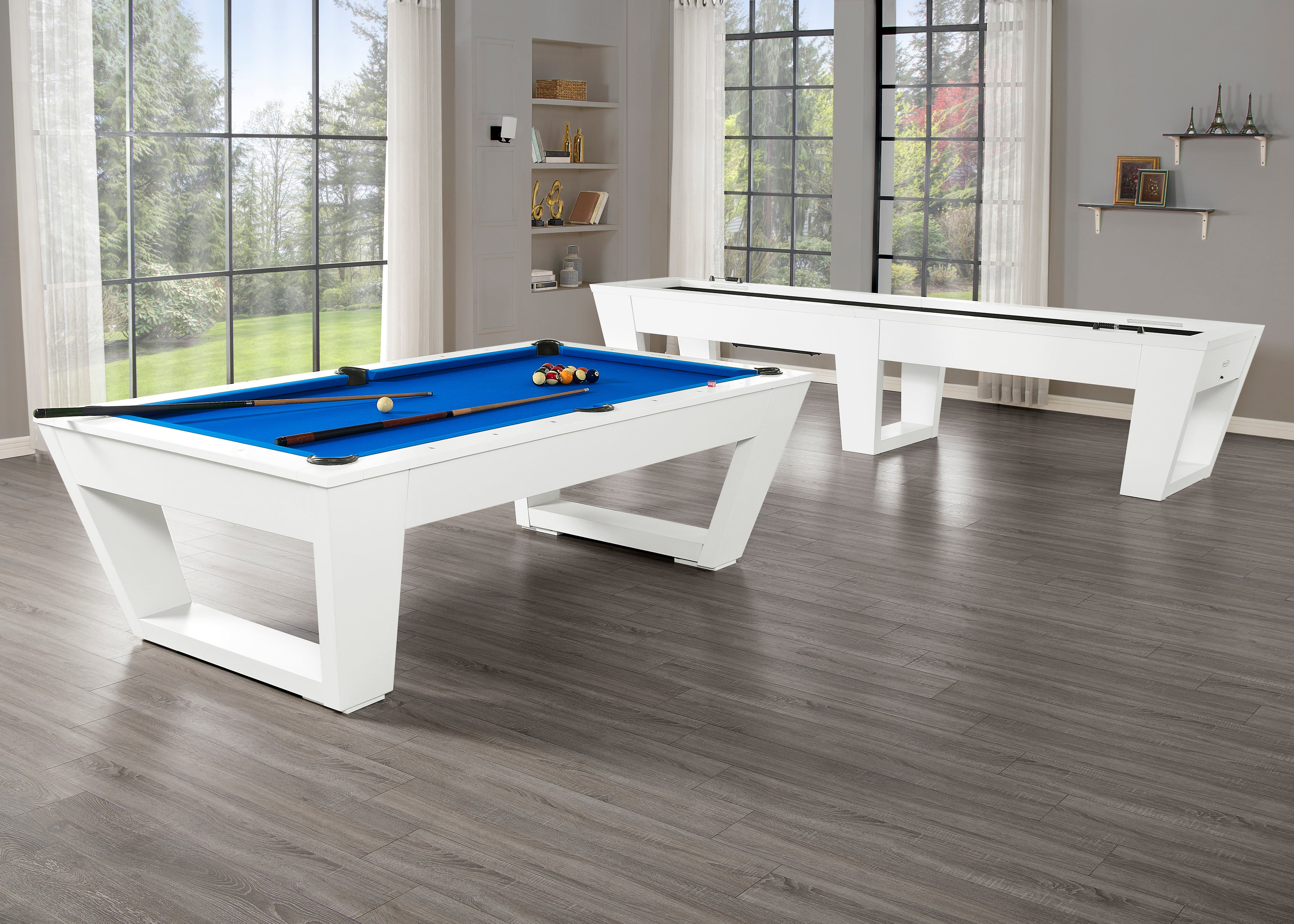 Legacy Billiards Tellico 12 Ft Shuffleboard and Pool Table in Frost White Finish - Room Scene