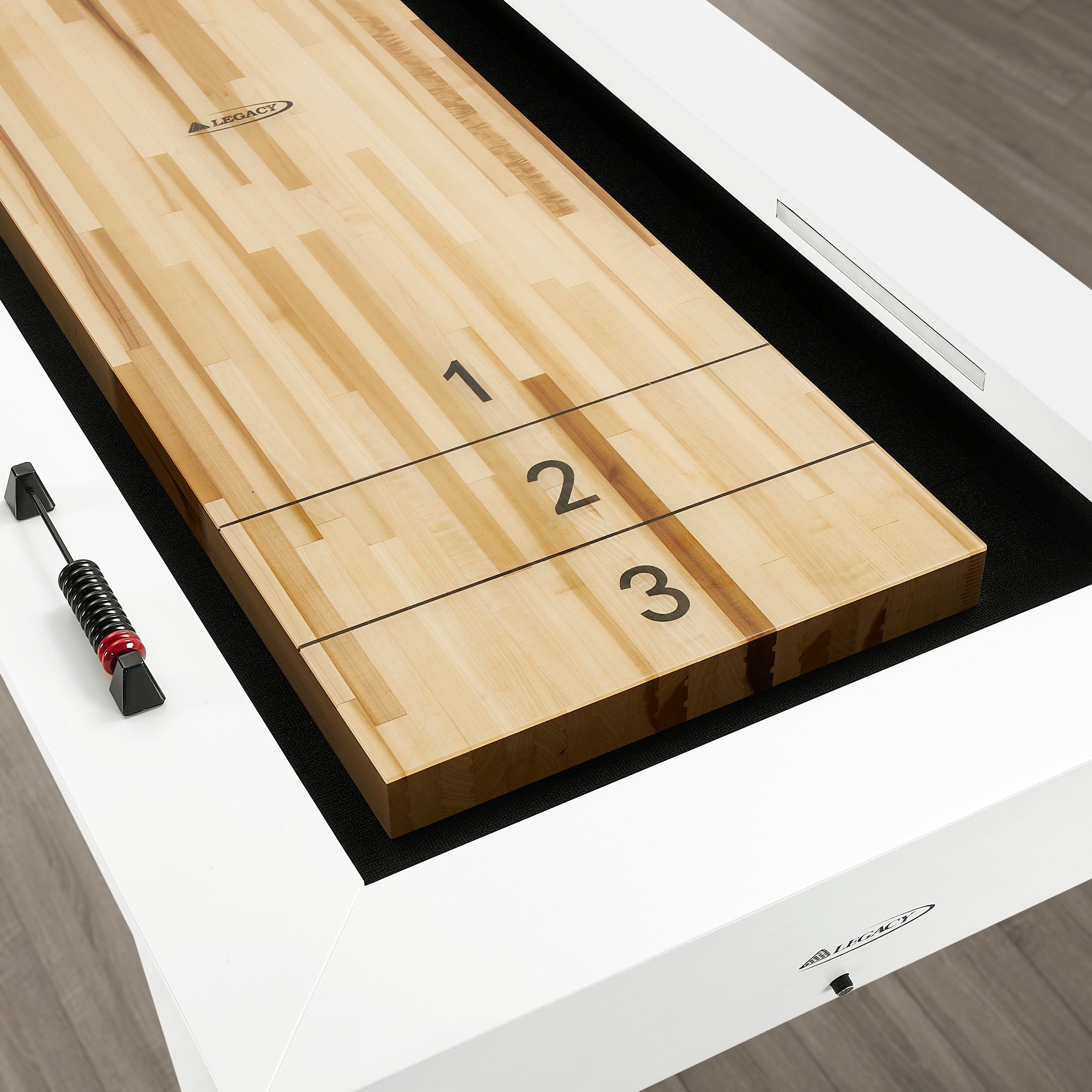Legacy Billiards Tellico 12 Ft Shuffleboard in Frost White Finish End Closeup
