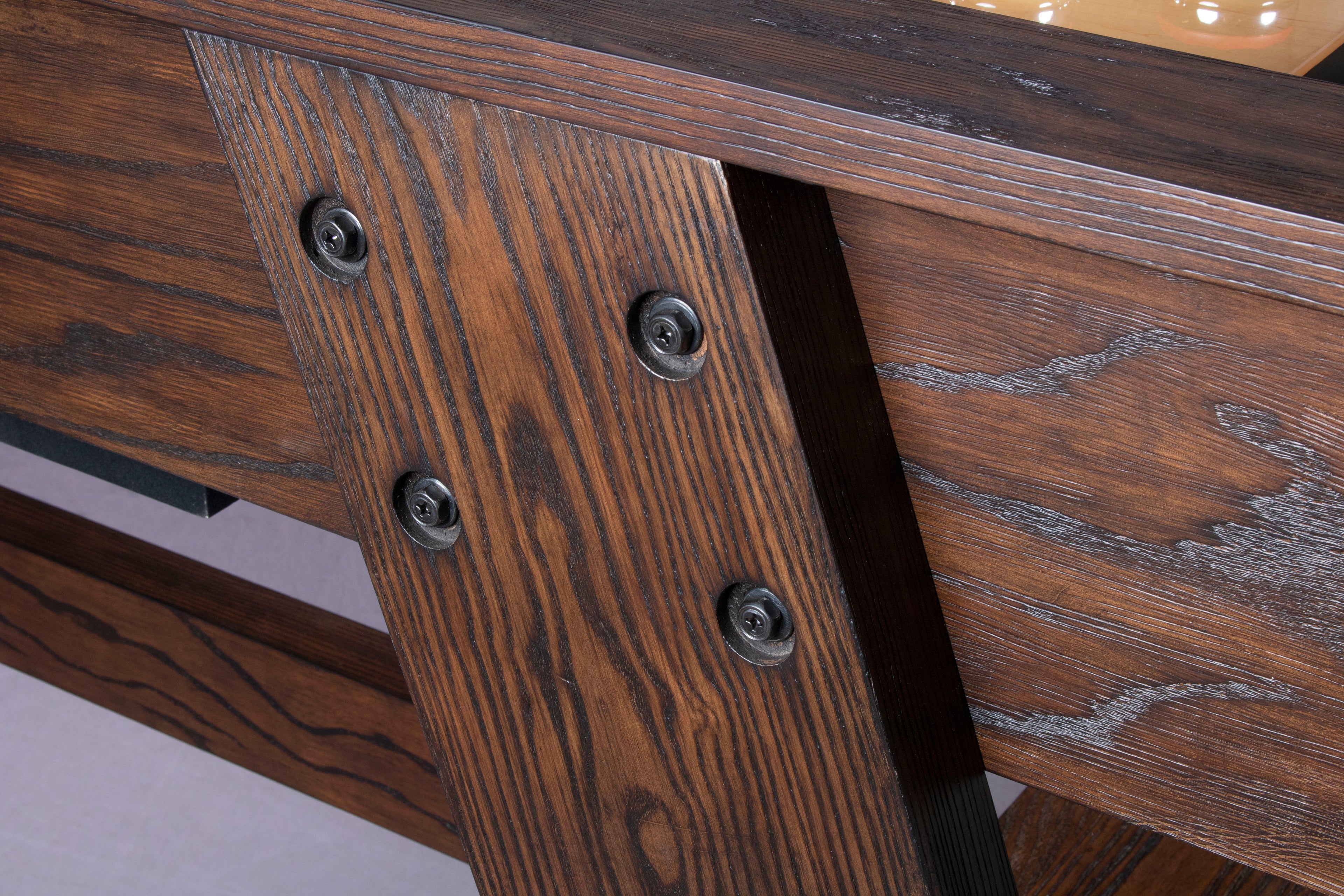 Legacy Billiards 9 Ft Barren Shuffleboard Exposed Leg Hardware Closeup
