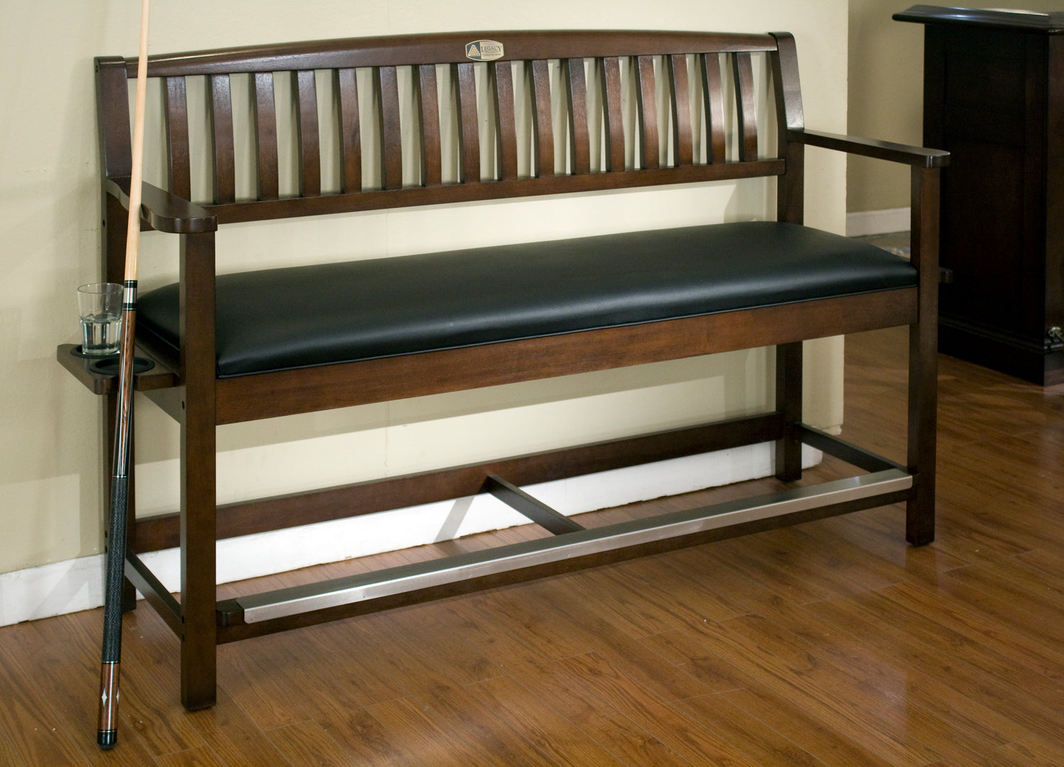 Legacy Billiards Classic Backed Storage Bench Closed Room Shot with Cue and Drink