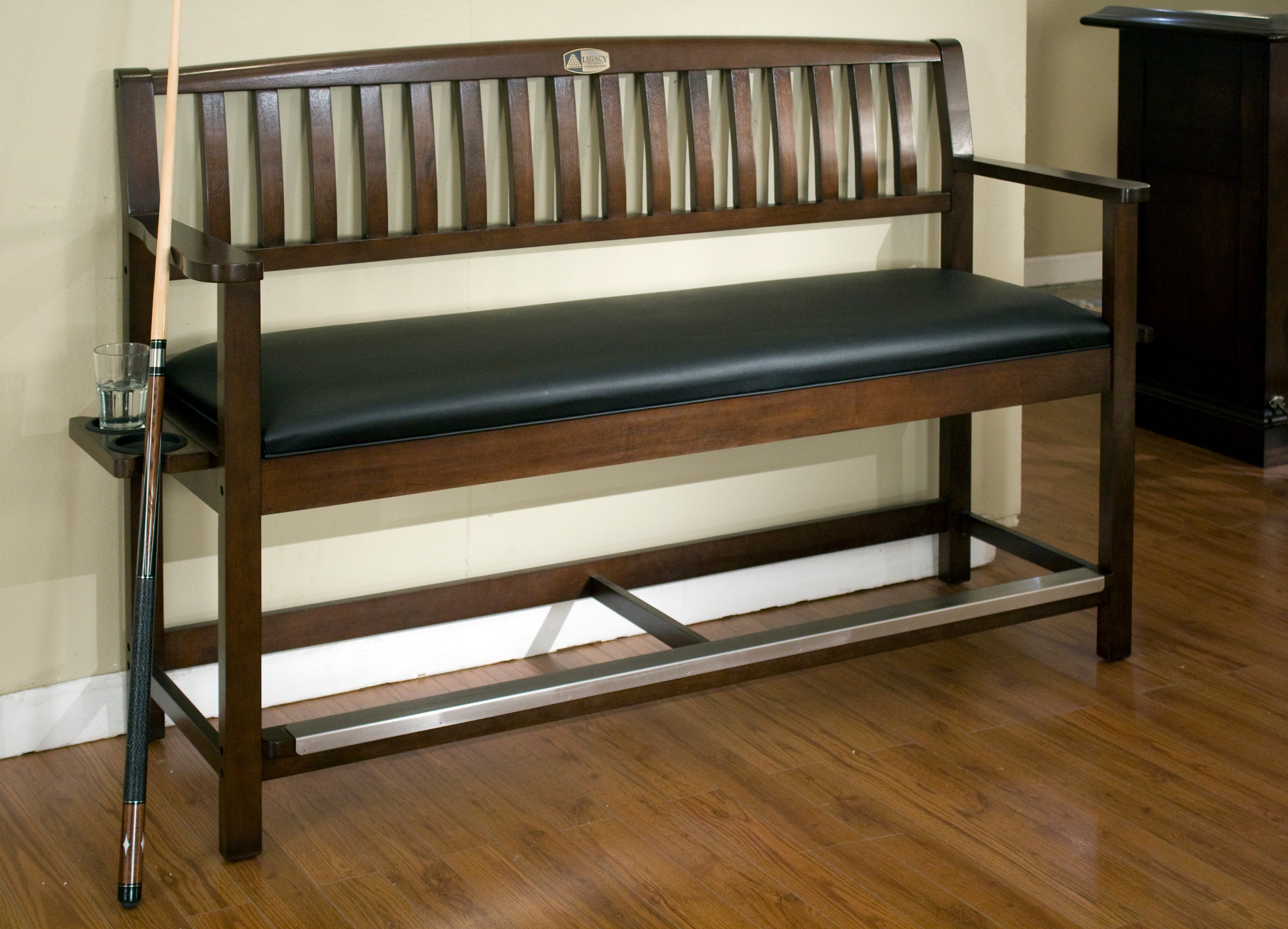 Legacy Billiards Classic Backed Storage Bench Closed Room Shot with Cue and Drink