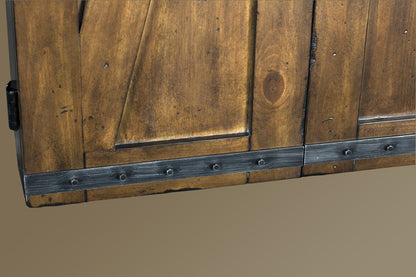Legacy Billiards Harpeth Rustic Dartboard Cabinet Door and Exposed Metal Accents Closeup