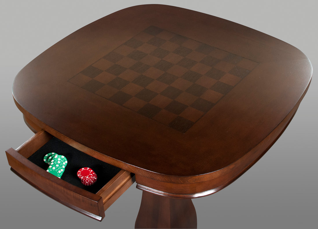Legacy Billiards Signature Pub Table with Chess Inlay Top Closeup with Open Drawer