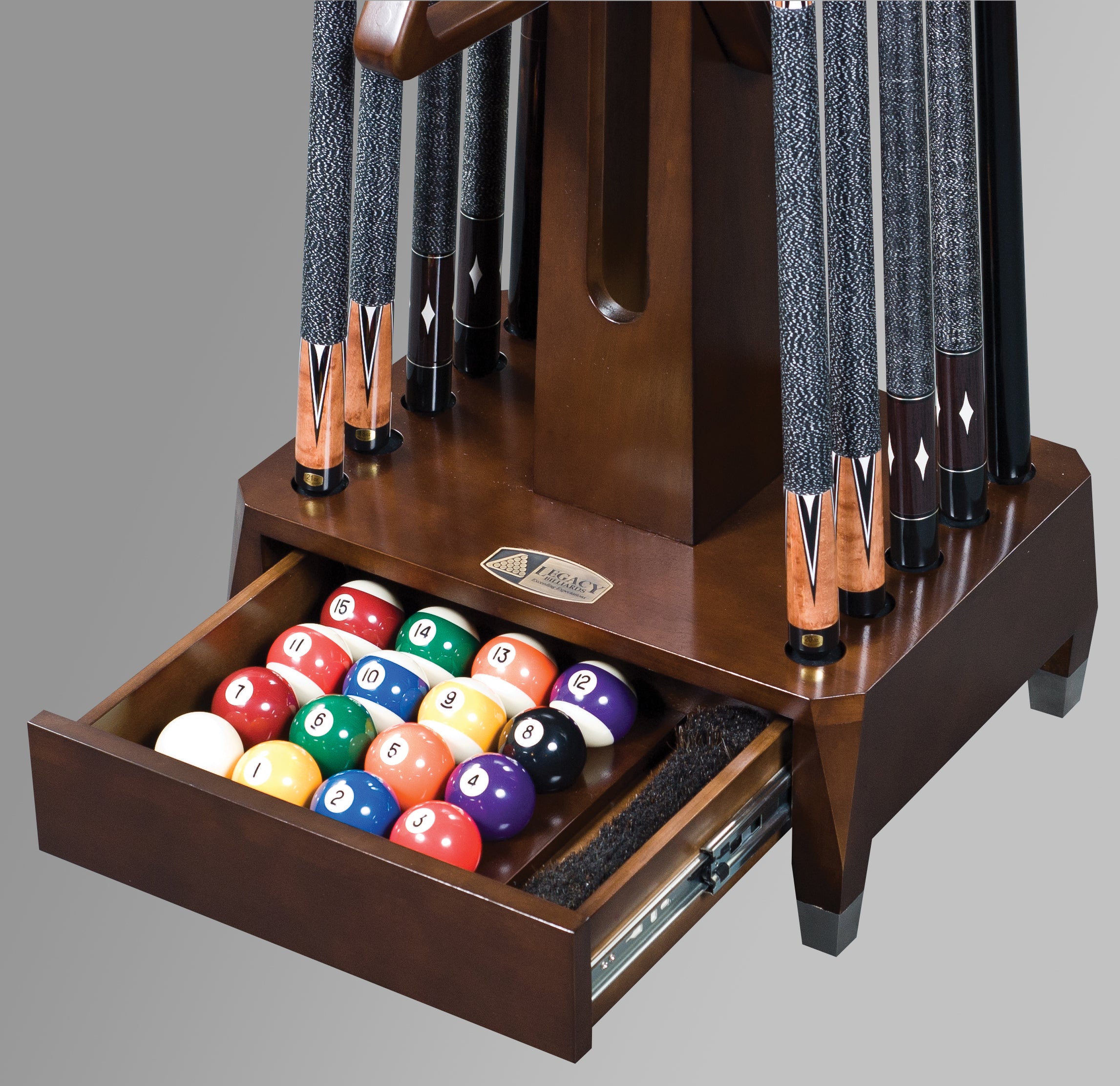 Legacy Billiards Sterling Floor Cue Rack Pool Balls Storage Drawer Closeup