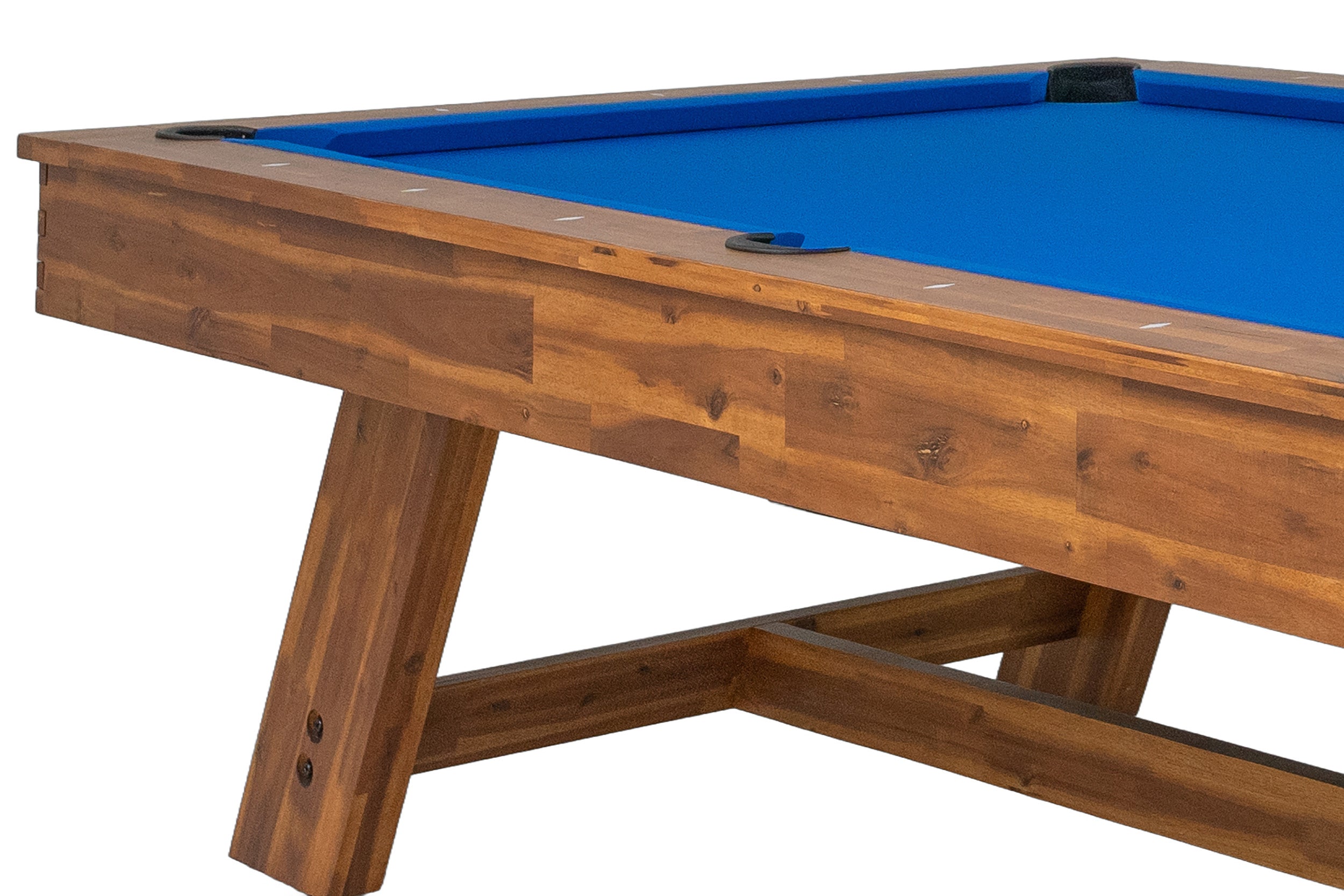 Legacy Billiards Barren Pool Table in Natural Acacia Finish with Blue Cloth - End View