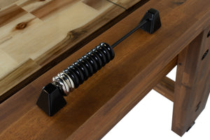 Legacy Billiards 12' Barren Outdoor Shuffleboard Table in Natural Acacia Finish Abacus Scorer Closeup Silver Side