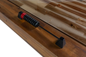 Legacy Billiards 12' Barren Outdoor Shuffleboard Table in Natural Acacia Finish Abacus Scorer Closeup Red Side