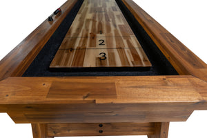 Legacy Billiards 12' Barren Outdoor Shuffleboard Table in Natural Acacia Finish End View Closeup