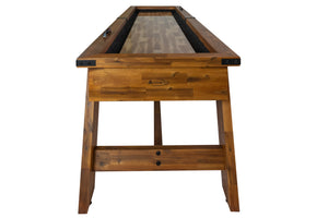 Legacy Billiards 9' Barren Outdoor Shuffleboard Table in Natural Acacia Finish End View