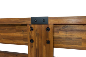 Legacy Billiards 12' Barren Outdoor Shuffleboard Table in Natural Acacia Finish Middle Leg Hardware Closeup