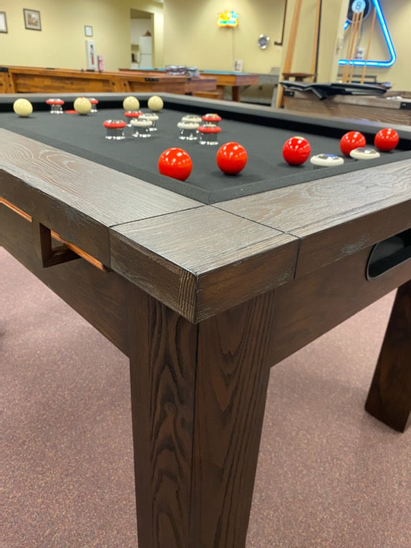 Legacy Billiards Baylor Bumper Pool Table in Whiskey Barrel Finish - Corner Closeup with Pool Balls on the Table