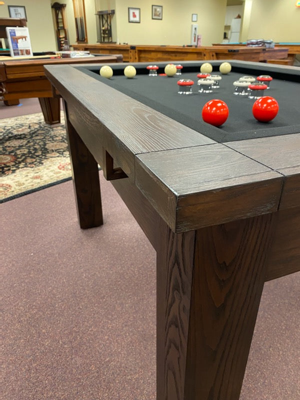 Legacy Billiards Baylor Bumper Pool Table in Whiskey Barrel Finish - Side Closeup with Pool Balls on the Table