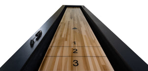 Legacy Billiards Baylor 12' Shuffleboard in Raven Finish End View Closeup