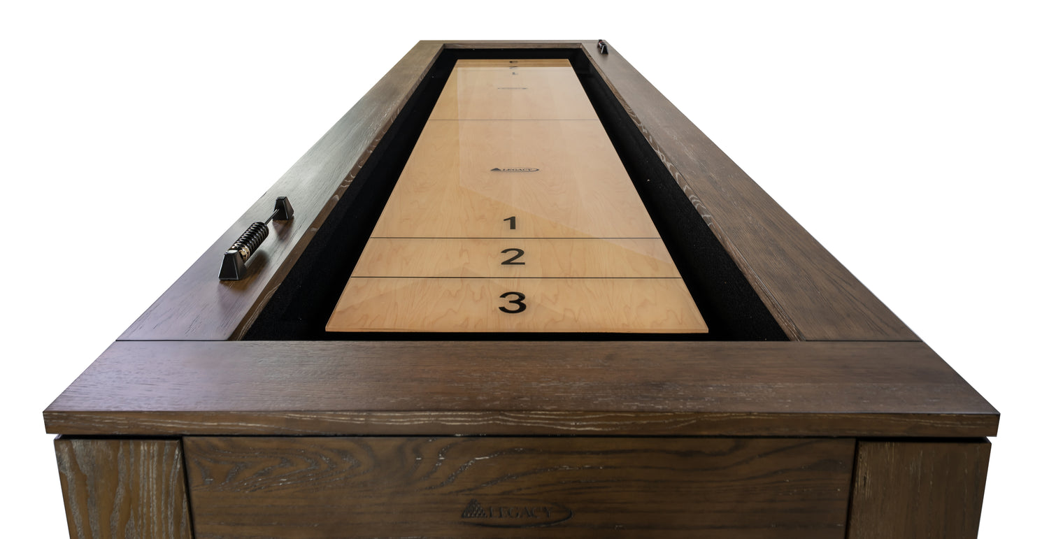 Legacy Billiards Baylor 12 Ft Shuffleboard in Smoke Finish - End View Closeup