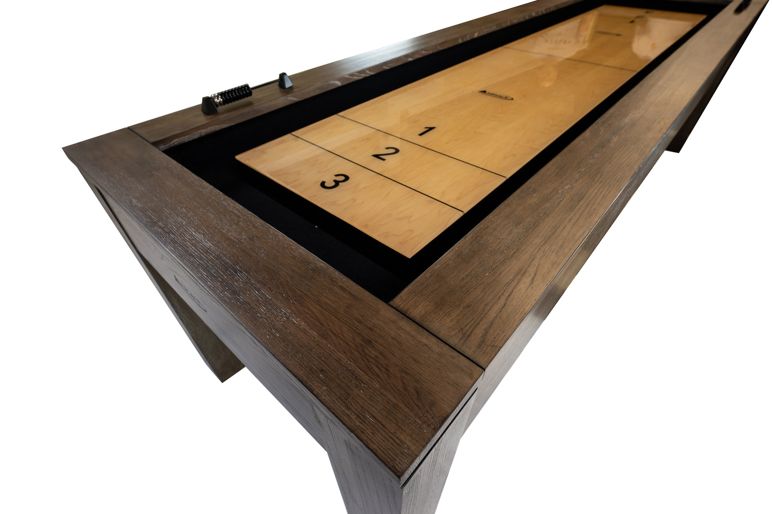 Legacy Billiards Baylor 9 Ft Shuffleboard in Smoke Finish - Corner Top View