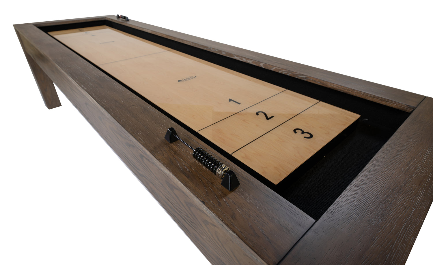 Legacy Billiards Baylor 9 Ft Shuffleboard in Smoke Finish - Corner View